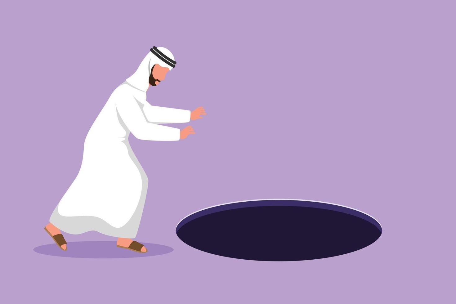 Character flat drawing Arab businessman looking at black hole. Manager wondering and looking at big hole, business concept in opportunity, exploration or challenge. Cartoon design vector illustration