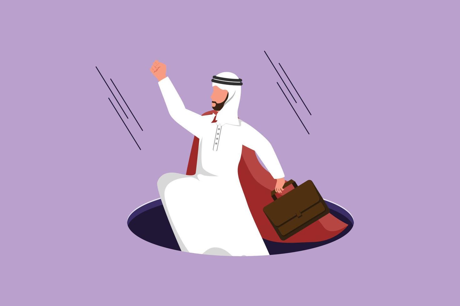 Cartoon flat style drawing flying businessman with wing and briefcase coming out of holes. Arabian male manager leading financial rising from hole. Business growth. Graphic design vector illustration