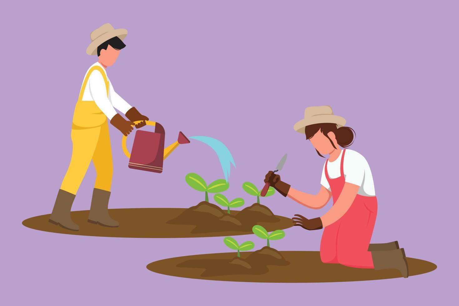 dibujo de estilo plano de dibujos animados pareja de agricultores plantando árboles. mujer planta semillas y hombre sosteniendo regadera. jardineros trabajando en el jardín. concepto de jardinería agrícola. ilustración vectorial de diseño gráfico vector