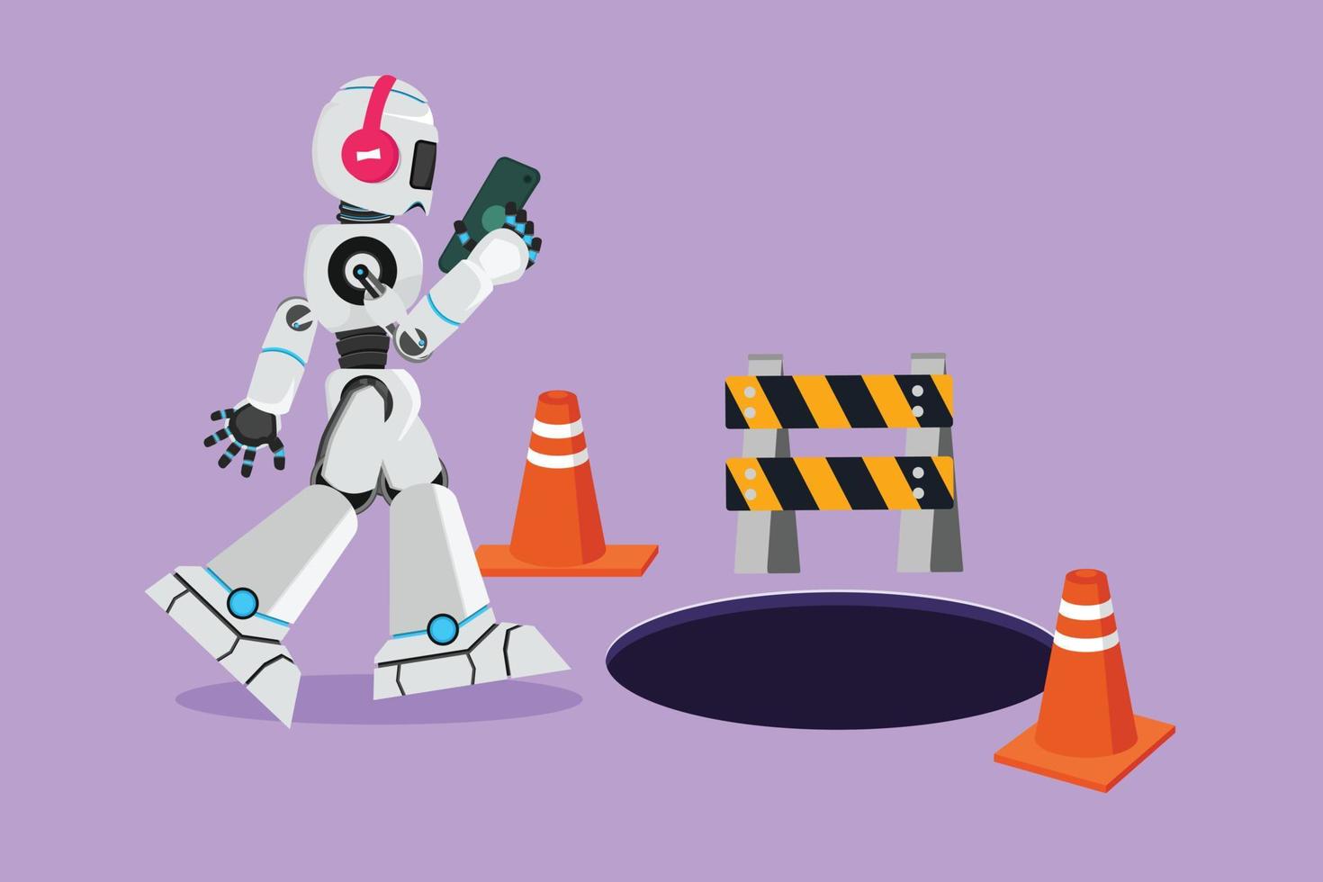Character flat drawing robot listen music with headphone and watching smartphone, did not see manhole. Humanoid robot cybernetic organism. Future robot development. Cartoon design vector illustration
