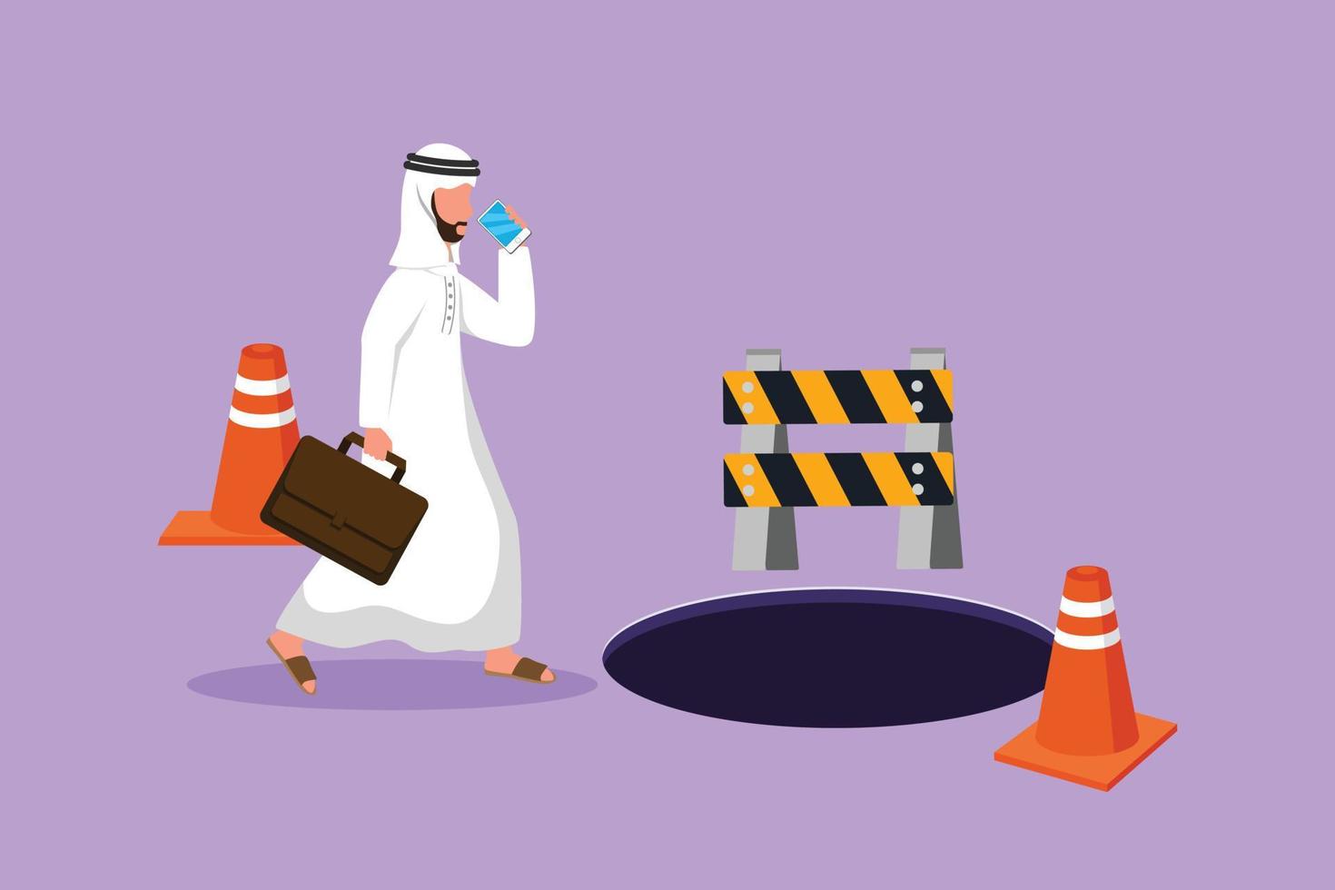 Character flat drawing young Arab businessman talking on cell phone and he does not see the hole in front. Male manager using smartphone and walks to business trap. Cartoon design vector illustration