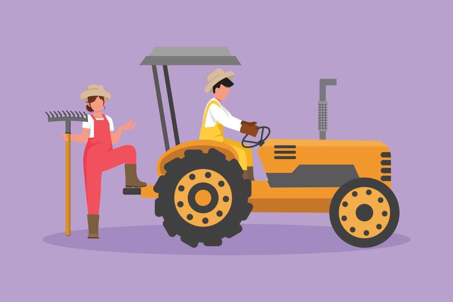 Cartoon flat style drawing happy couple farmers with tractor. Man drive tractor to plow the fields. Woman holding rake. Successful farming challenge at countryside. Graphic design vector illustration