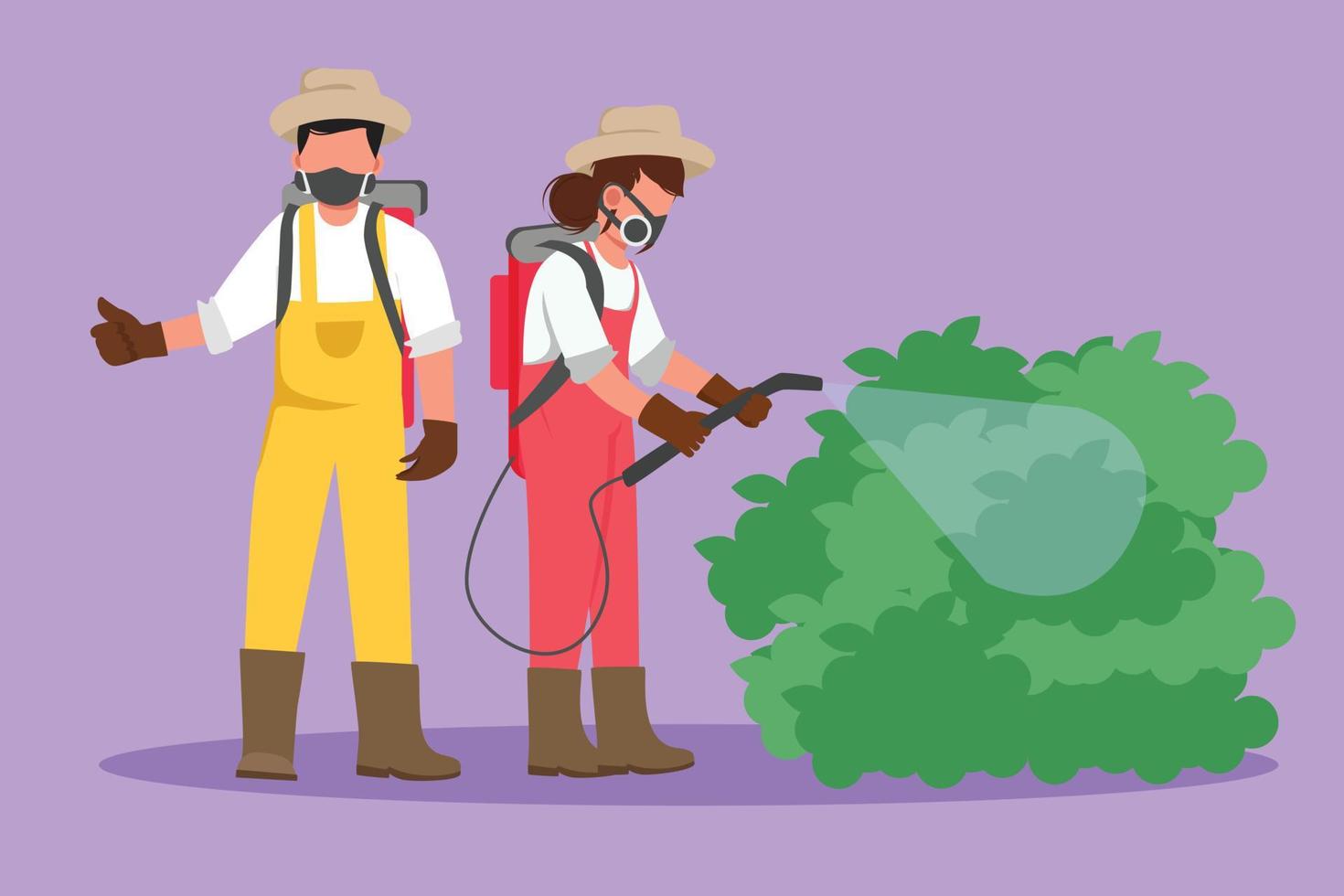 dibujo plano de personajes feliz pareja de agricultores con máscaras y equipo de transporte para rociar cultivos con spray desinfectante. Mantenga las plantas alejadas de las plagas y manténgase saludable. ilustración vectorial de diseño de dibujos animados vector