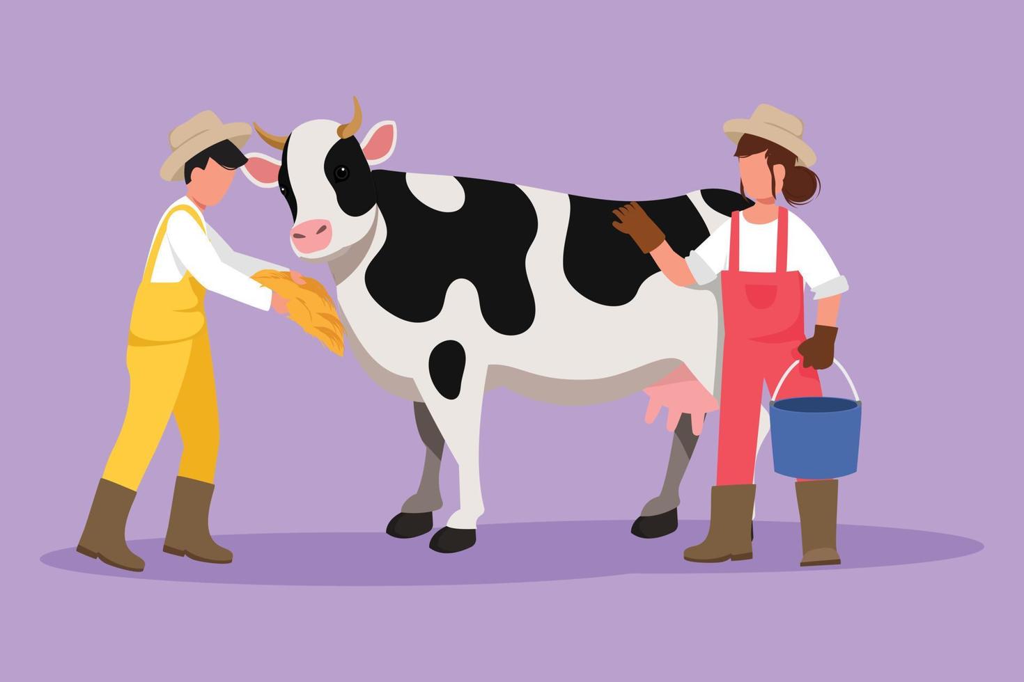 Cartoon flat style drawing female farmer standing and rubbing the cow while carrying bucket of water. Man feeding farm animal with grass or hay. Successful farming. Graphic design vector illustration