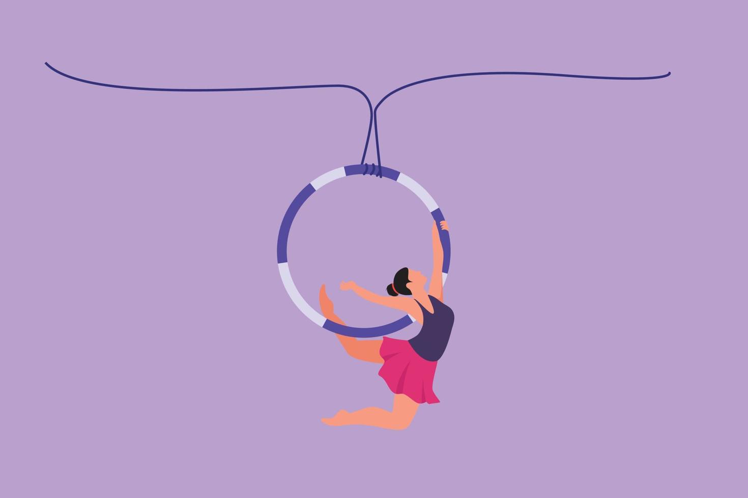 Graphic flat design drawing female acrobat performs on aerial hoop while dancing and has one arm and both legs stretched backwards. Circus show event entertainment. Cartoon style vector illustration