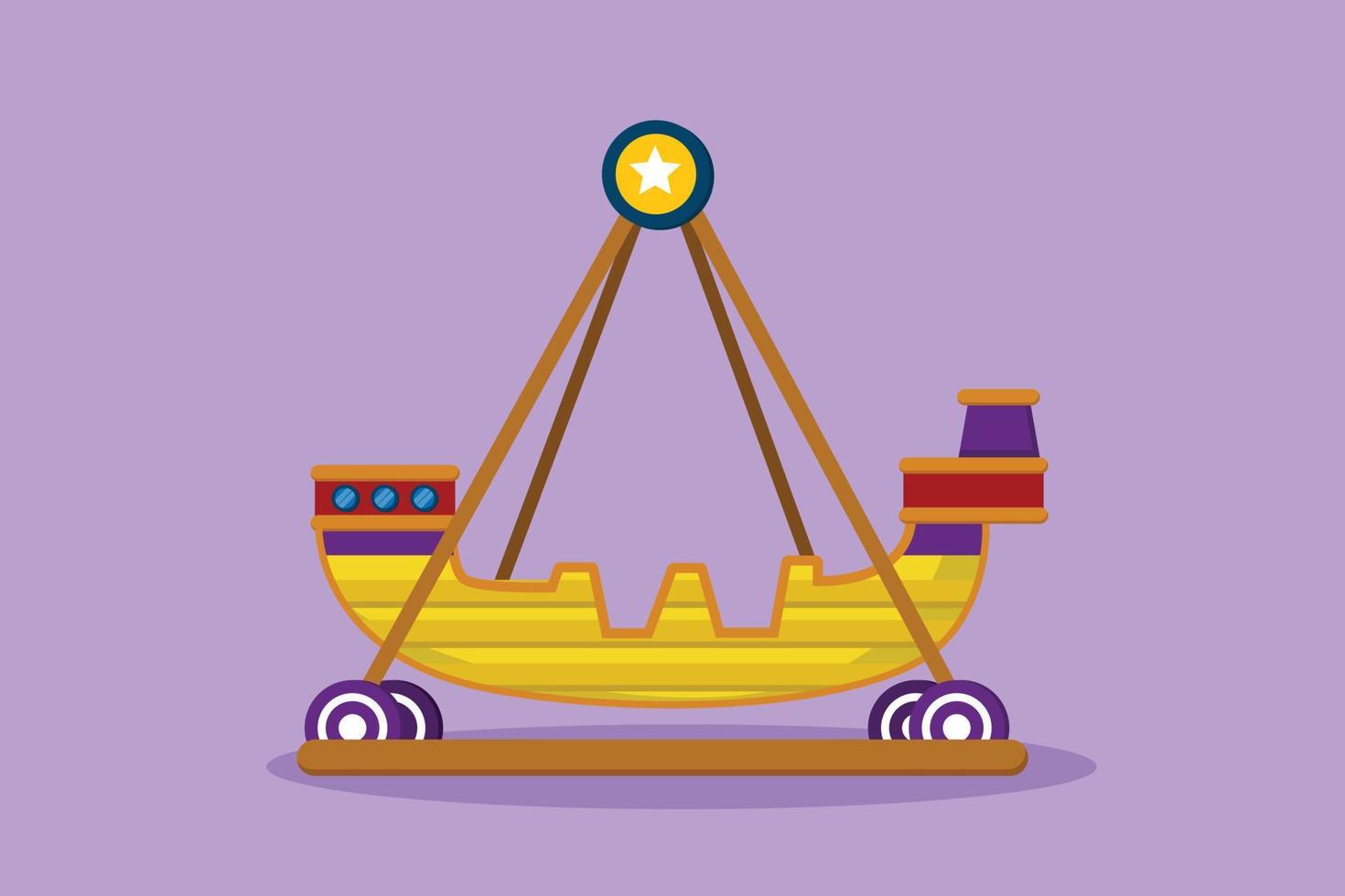 Cartoon flat style drawing colorful swing boat in amusement park which moved by engine to swinging. Playground that children like. Play on funfair outdoor festival. Graphic design vector illustration