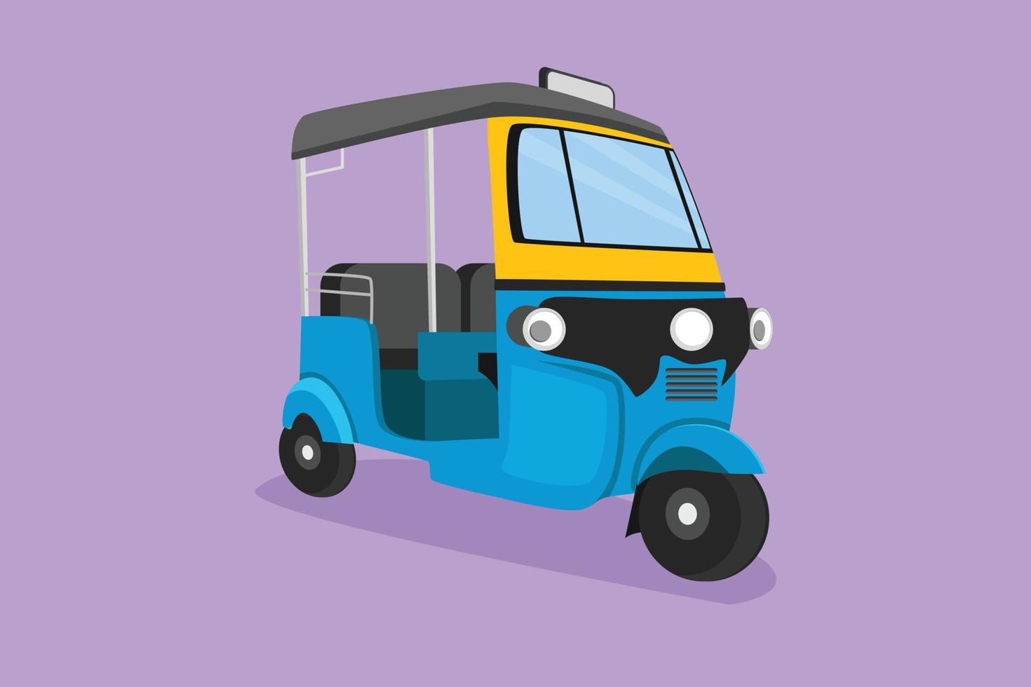 Character flat drawing Tuk Tuk Thailand often used by tourists as means of transportation to get around tourist attractions in Thailand. Traditional vehicle on road. Cartoon design vector illustration