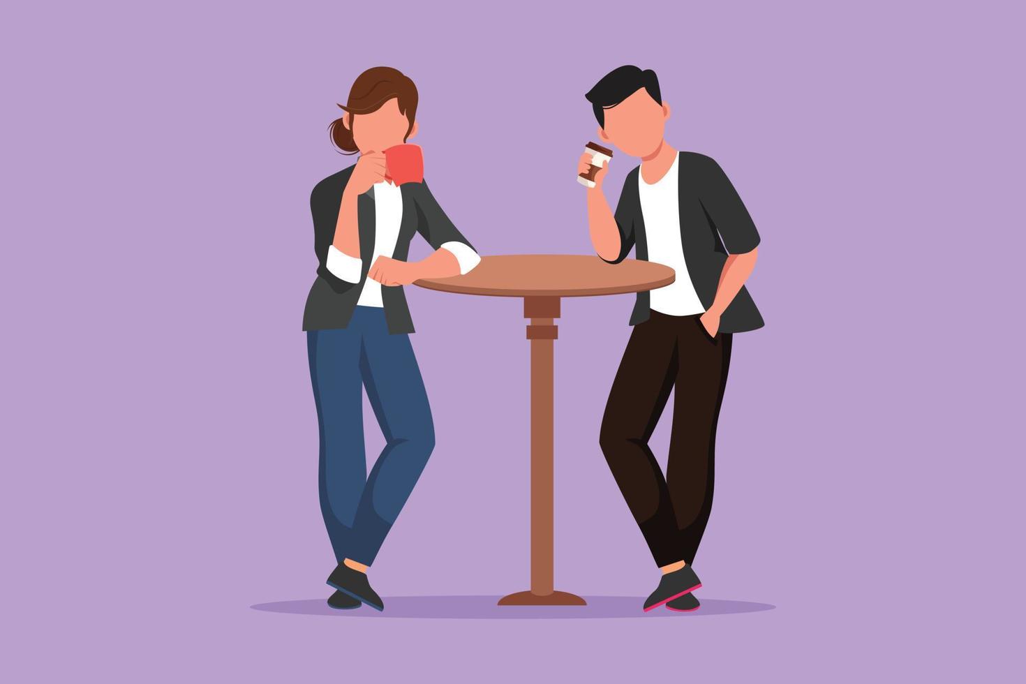 Cartoon flat style drawing loving couple is drinking coffee and stand at table in cafe. Friends or colleagues meeting in bistro, drinking beverage, pastime together. Graphic design vector illustration