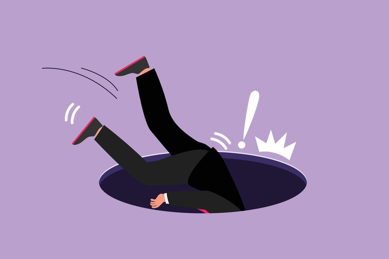 Cartoon flat style drawing businessman falling into pit hole. Legs up. Logo protruding legs from hatch, puddles. Business failure metaphor. Defeated worker concept. Graphic design vector illustration