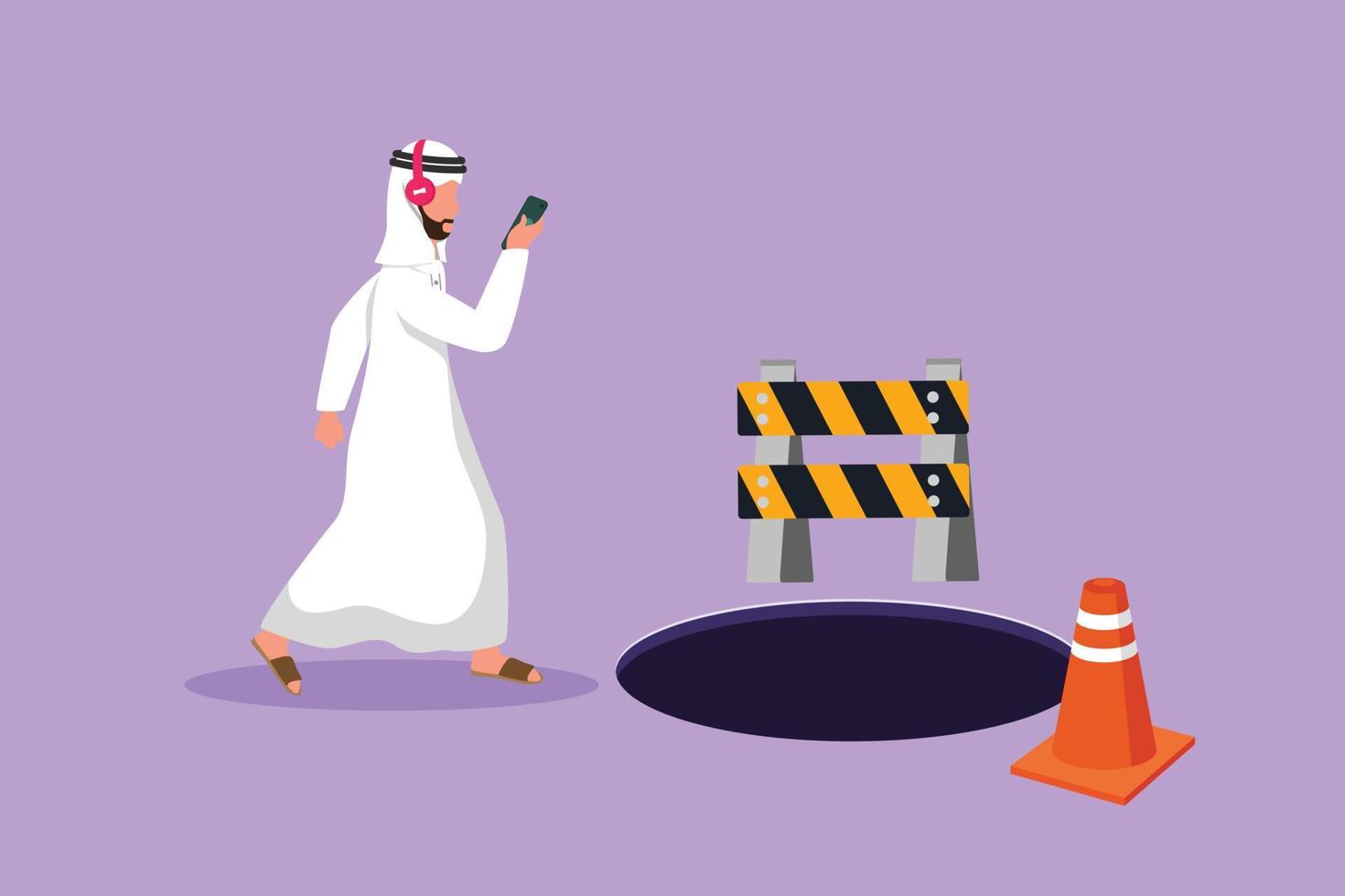 Graphic flat design drawing Arab businessman listen music with headphone and walking on street, watching smartphone, did not see manhole. Man walks to business trap. Cartoon style vector illustration