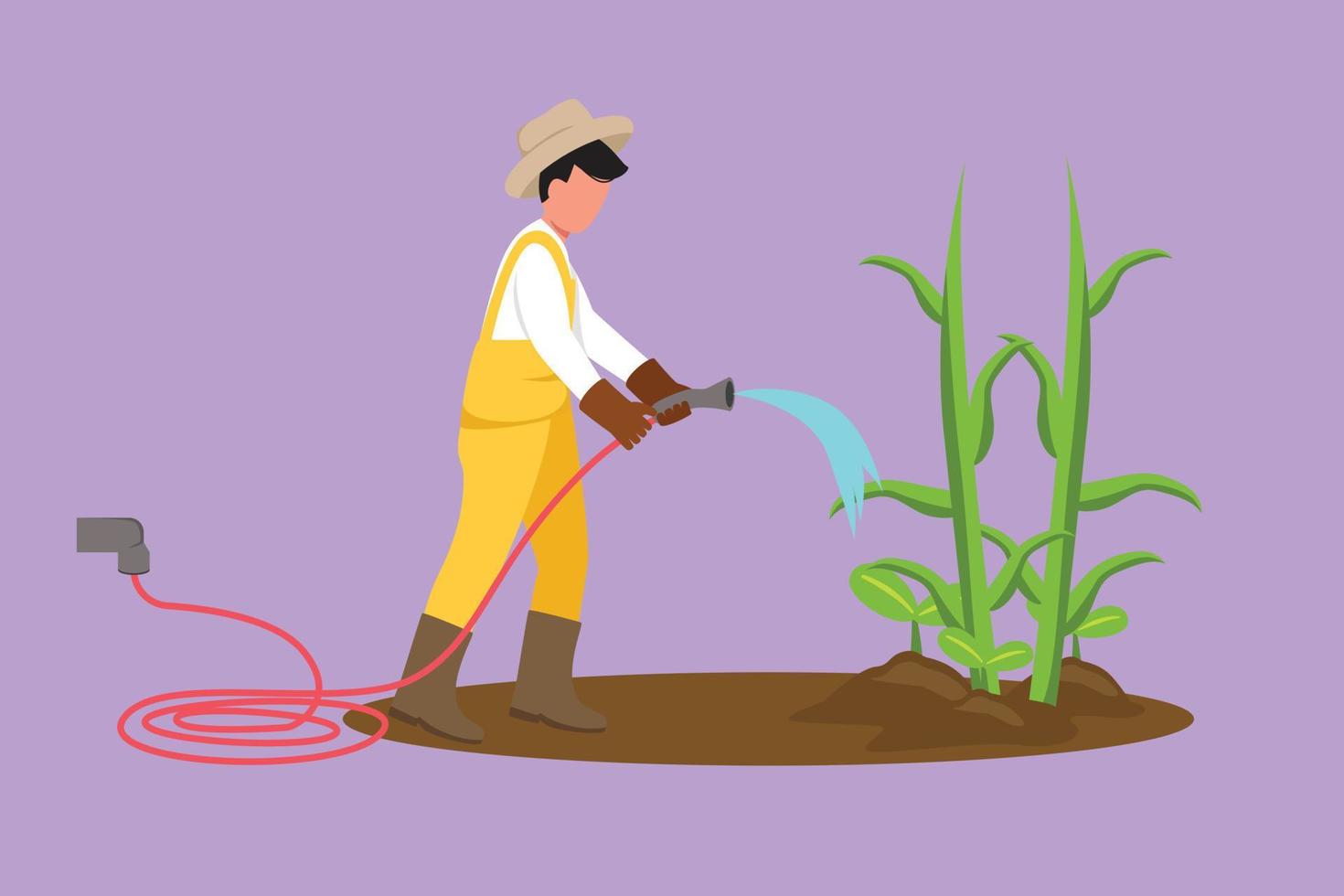 Graphic flat design drawing farmer watering vegetables with hose, agriculture and farming. Gardener working in farm garden with hat, overalls, field with crop plants. Cartoon style vector illustration