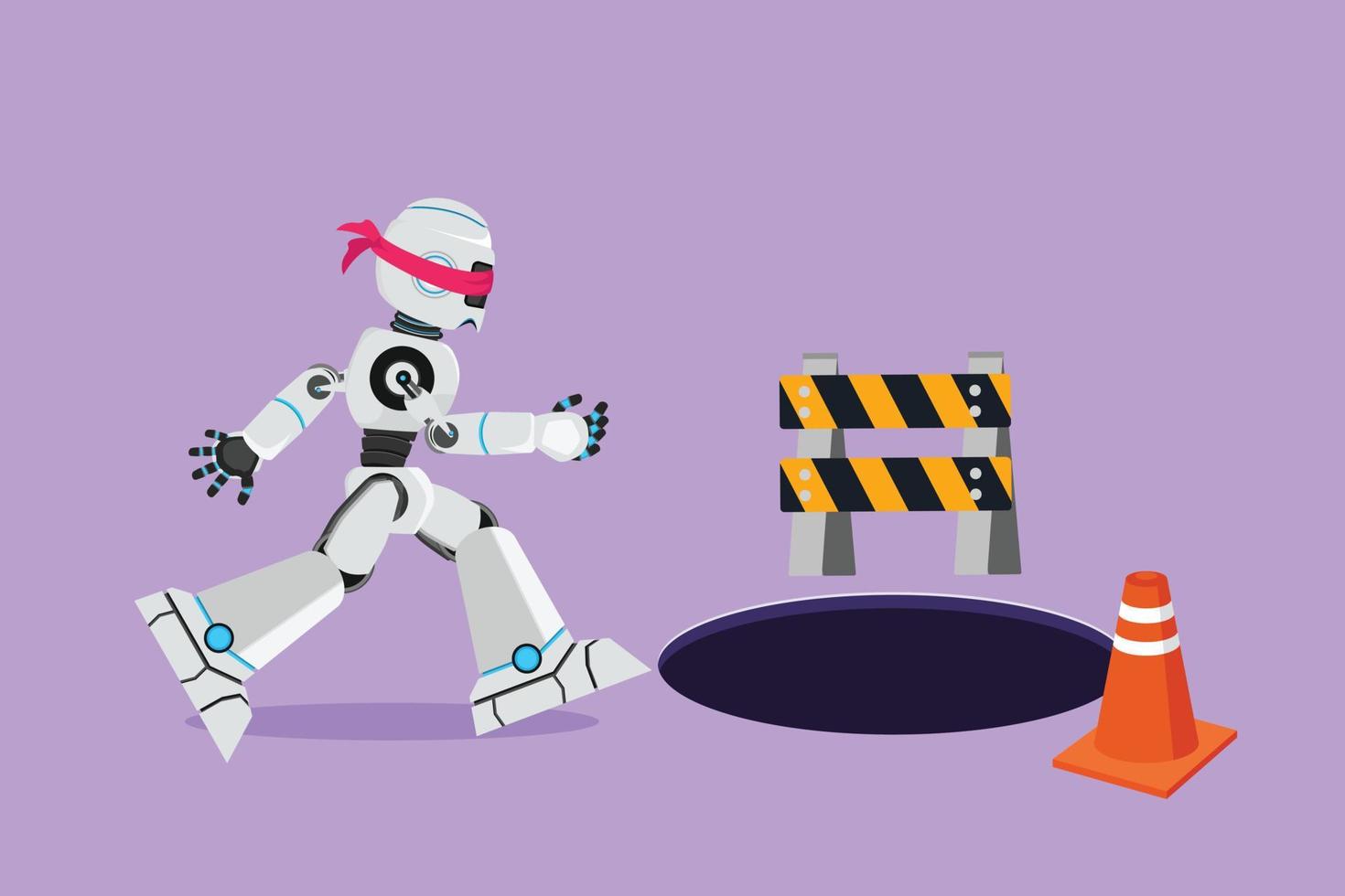 Cartoon flat style drawing blindfolded robot running to tech business trap. Blind investment metaphor. Robot artificial intelligence. Electronic technology industry. Graphic design vector illustration