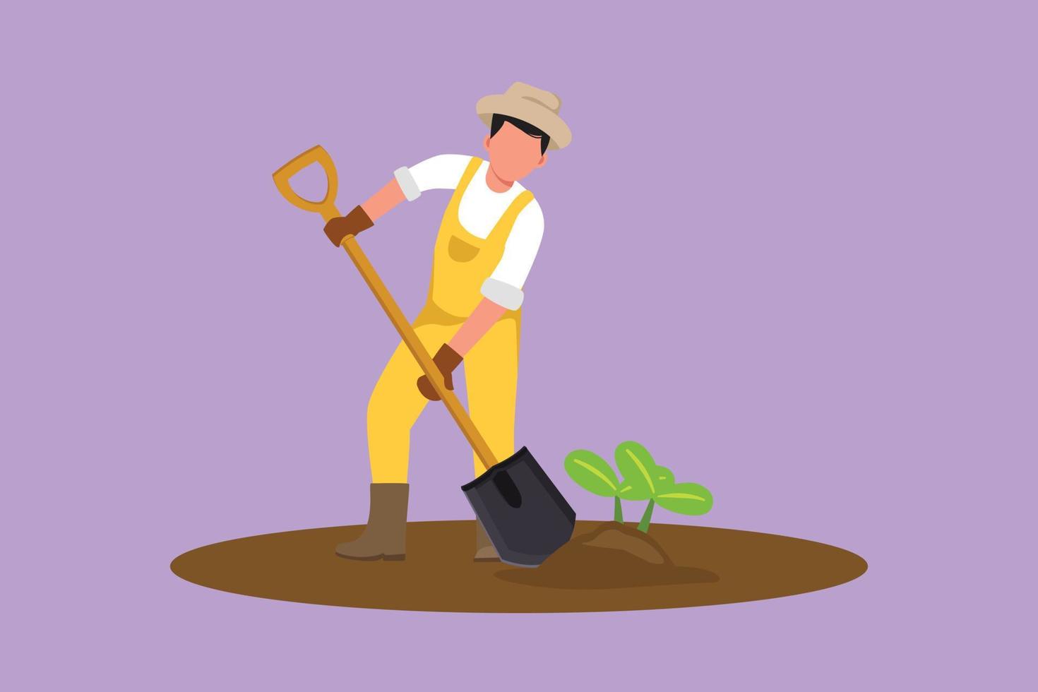 Cartoon flat style drawing young male farmer shoveled the soil with the plants using shovel. Farming challenge at rural or countryside. Planting new plants concept. Graphic design vector illustration