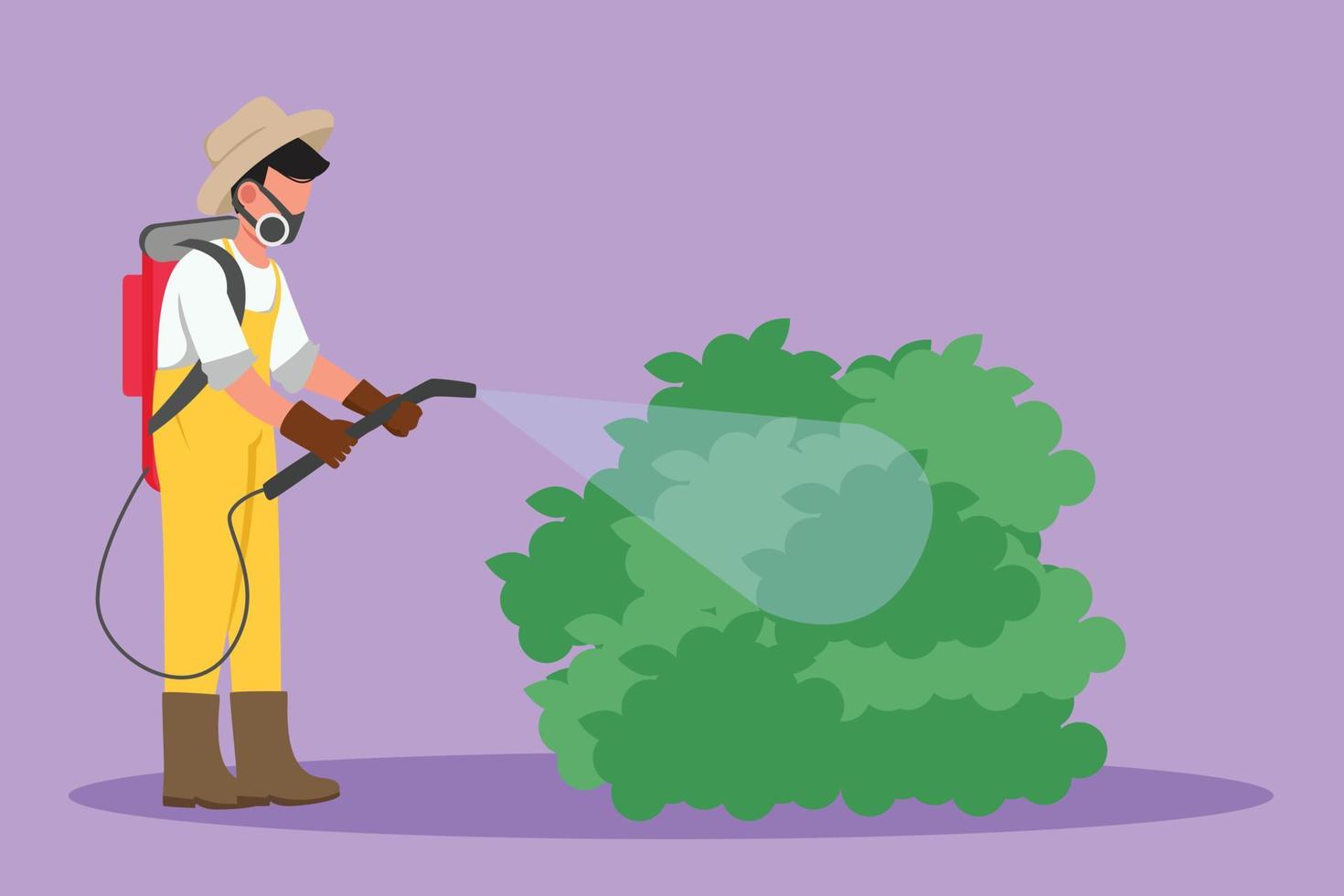 Graphic flat design drawing of happy male farmer wearing masks and carrying equipment to spray crops with disinfectant spray. Keep plants from pests and stay healthy. Cartoon style vector illustration