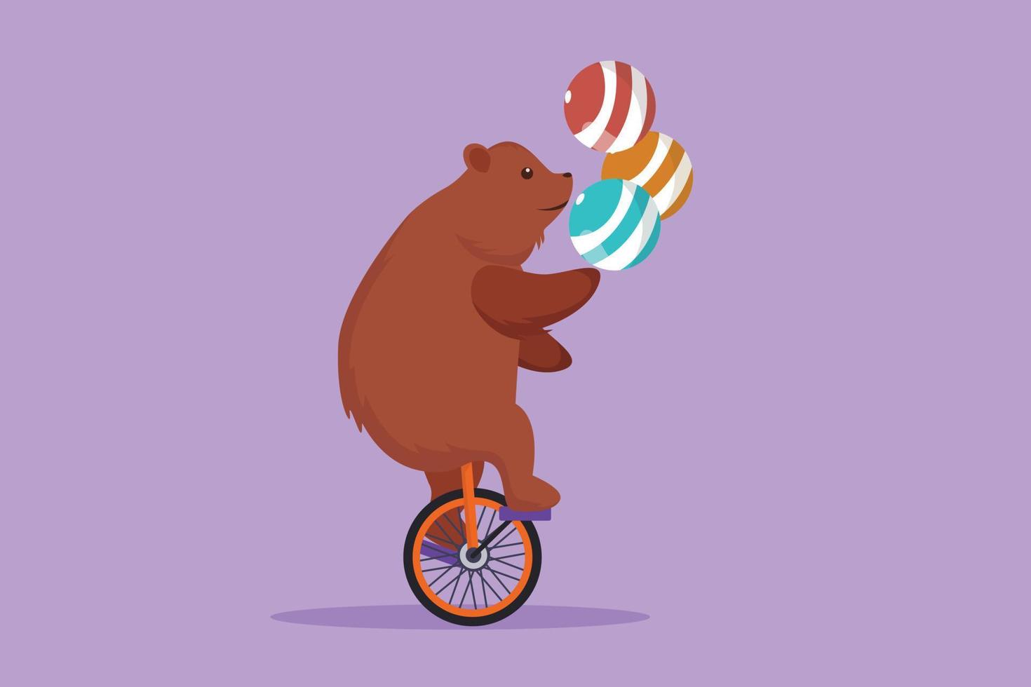 personaje plano dibujando un oso pardo entrenado haciendo malabares con una pelota rayada en una bicicleta de una rueda. La audiencia quedó asombrada por la actuación del oso. espectáculo de entretenimiento exitoso. ilustración vectorial de diseño de dibujos animados vector