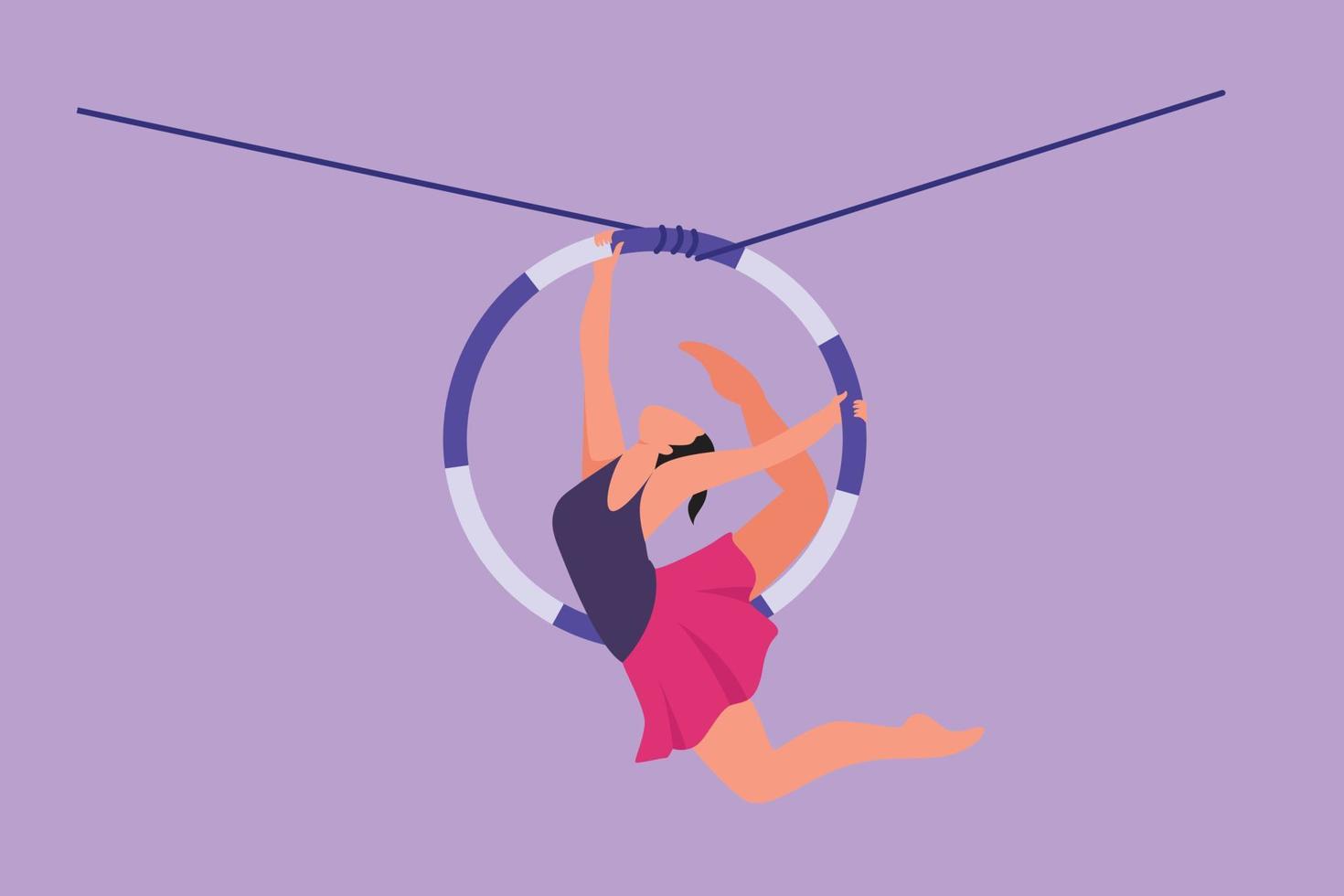 Graphic flat design drawing female acrobatic performs on aerial hoop while dancing and has one leg raised near the back of her head. Circus show event entertainment. Cartoon style vector illustration