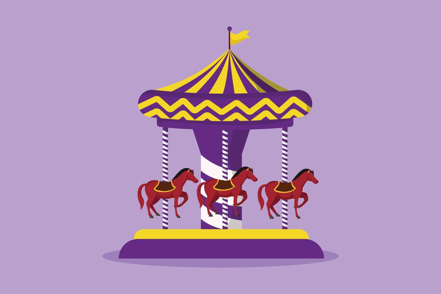 Graphic flat design drawing of colorful horse carousel in an amusement park spinning in circle under striped tent with a flag on it. Play on funfair outdoor festival. Cartoon style vector illustration