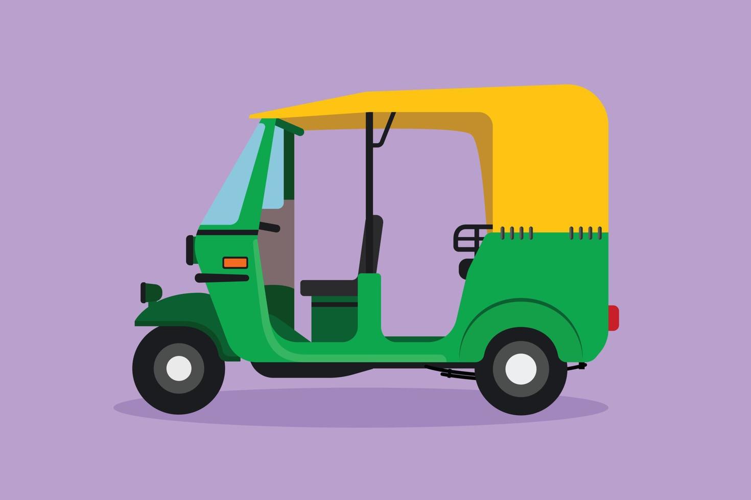 Cartoon flat style drawing side view of rickshaw is a traditional transportation in India which is still operating until now serving passengers. Vehicles on roadway. Graphic design vector illustration
