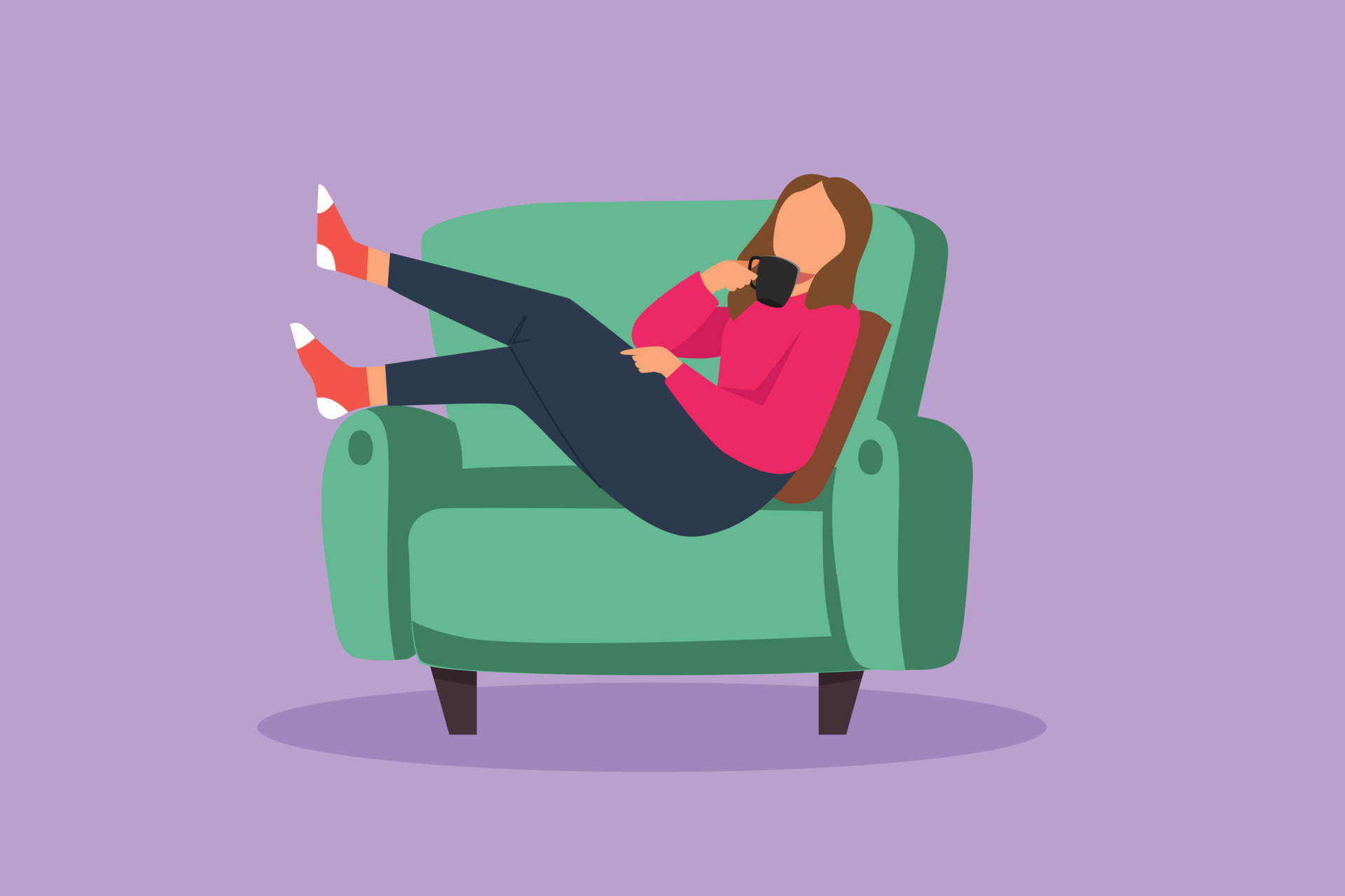 Graphic flat design drawing female relaxing on comfortable couch with  coffee or tea cup in hands. Woman enjoy weekend relax at home sitting in  fashionable furniture. Cartoon style vector illustration 15087645 Vector