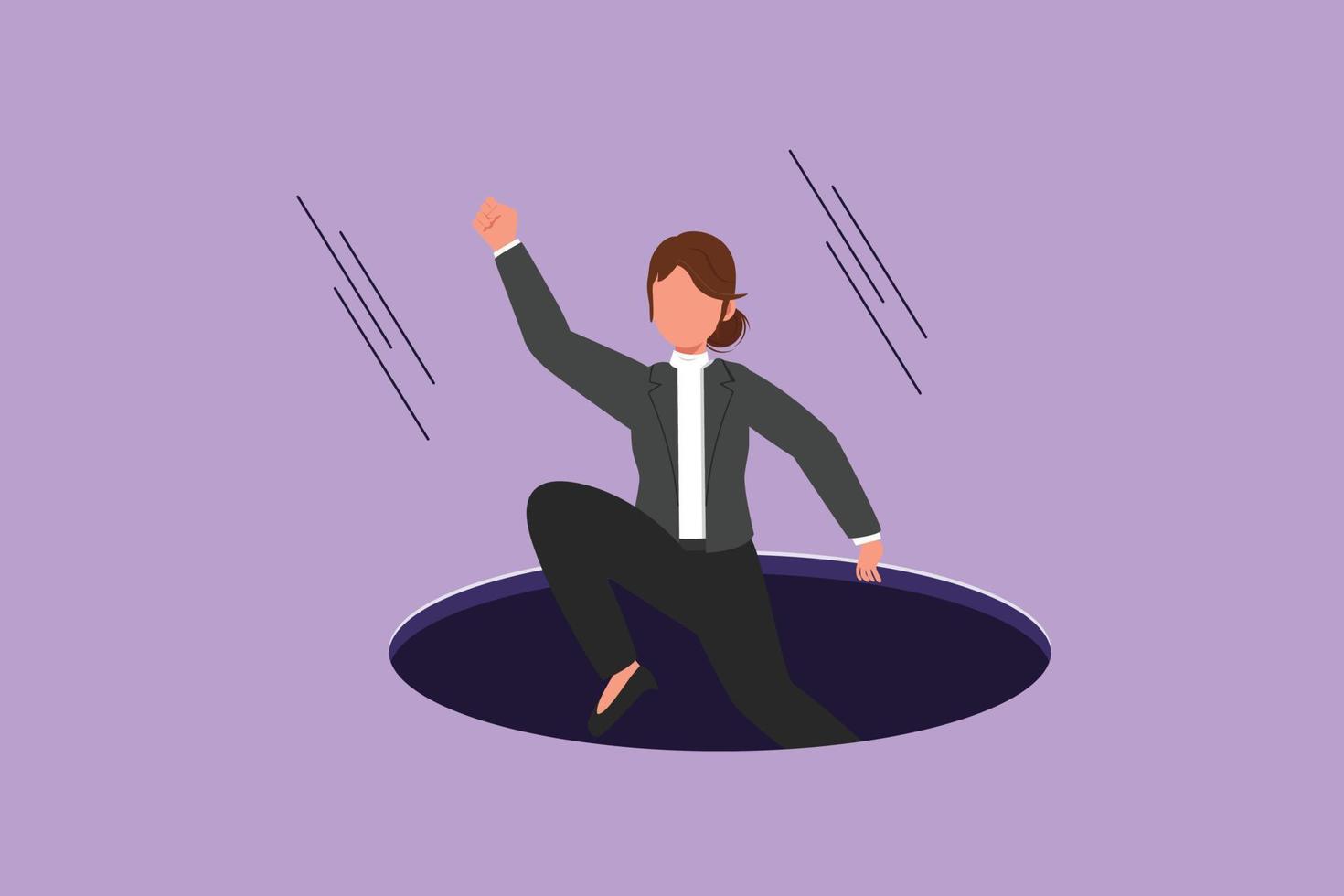 Character flat drawing businesswoman fell into manhole underground sewer. Manager fell sewer hatch. Depressed and business failure concept. Defeated worker metaphor. Cartoon design vector illustration