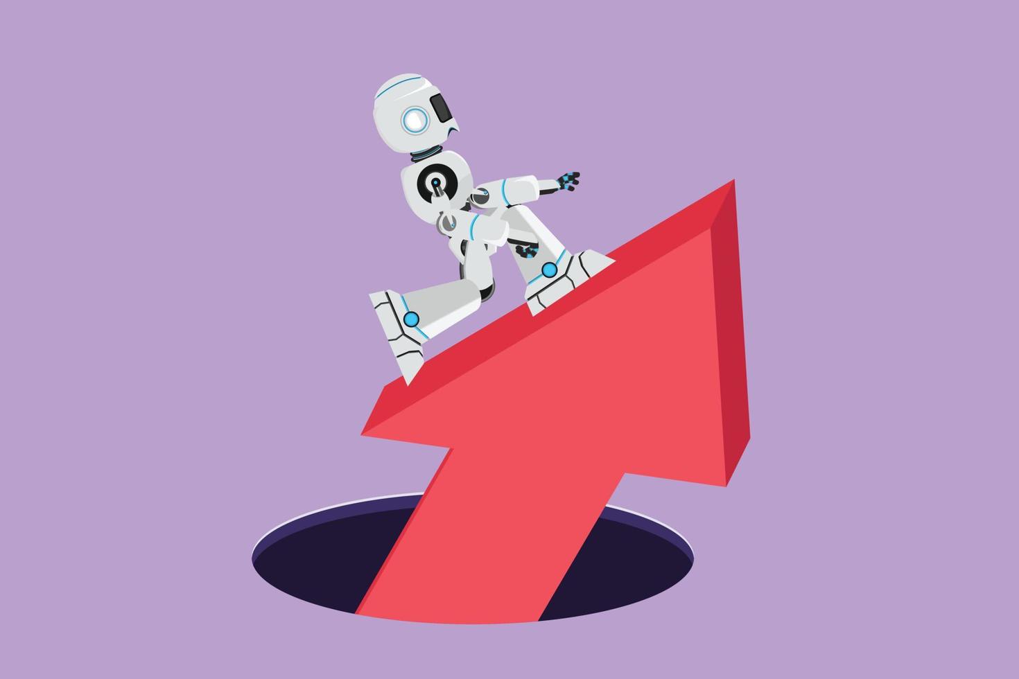 Character flat drawing of robot standing on big arrow coming out of hole. Tech financial graph rising. Business growth. Humanoid cybernetic organism. Future robotic. Cartoon design vector illustration