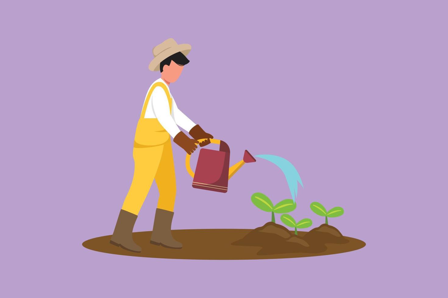 Graphic flat design drawing of young male farmer working in garden, watering vegetables. Smiling man in overalls, hat and boots with watering can pouring seeds plant. Cartoon style vector illustration