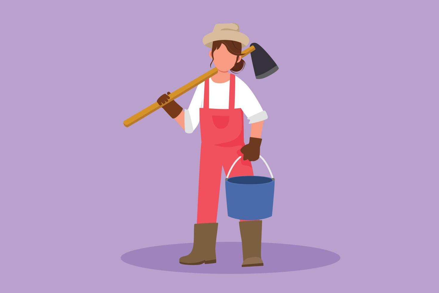 Cartoon flat style drawing cute female farmer holding hoe and bucket. Smiling agricultural worker standing on green grass with plants. Agronomic woman at farmland. Graphic design vector illustration