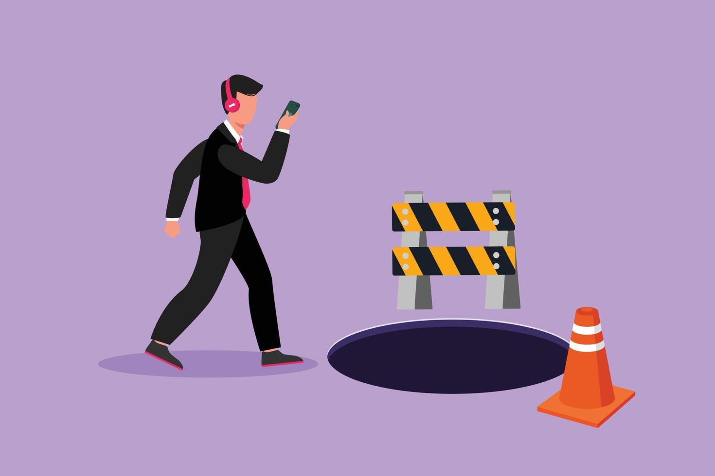 Graphic flat design drawing businessman listen music with headphone and walking on street, watching smartphone, did not see open manhole. Man walks to business trap. Cartoon style vector illustration
