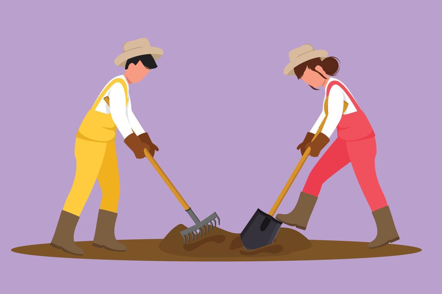 Cartoon flat style drawing couple farmers plow or plough the ground using rake and shovel. Starting new planting season at rural. Success farmer with organic crop. Graphic design vector illustration