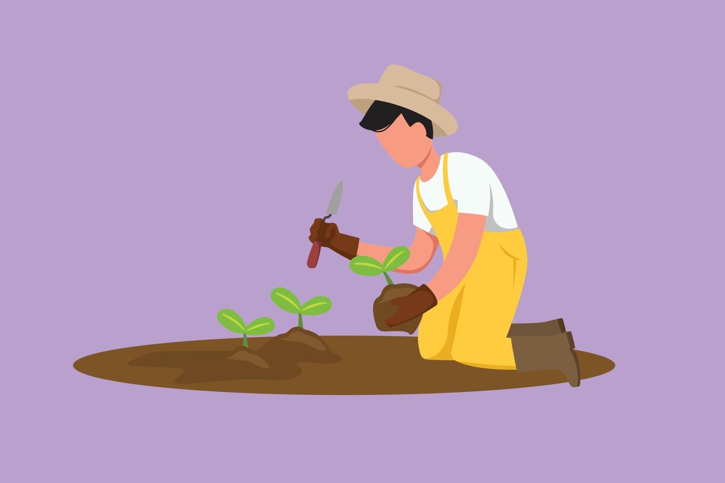 dibujo de dibujos animados de estilo plano de un joven agricultor feliz plantando brotes de plantas en el suelo. iniciar el período de plantación de árboles. agricultor de éxito con cultivo natural orgánico. ilustración vectorial de diseño gráfico vector