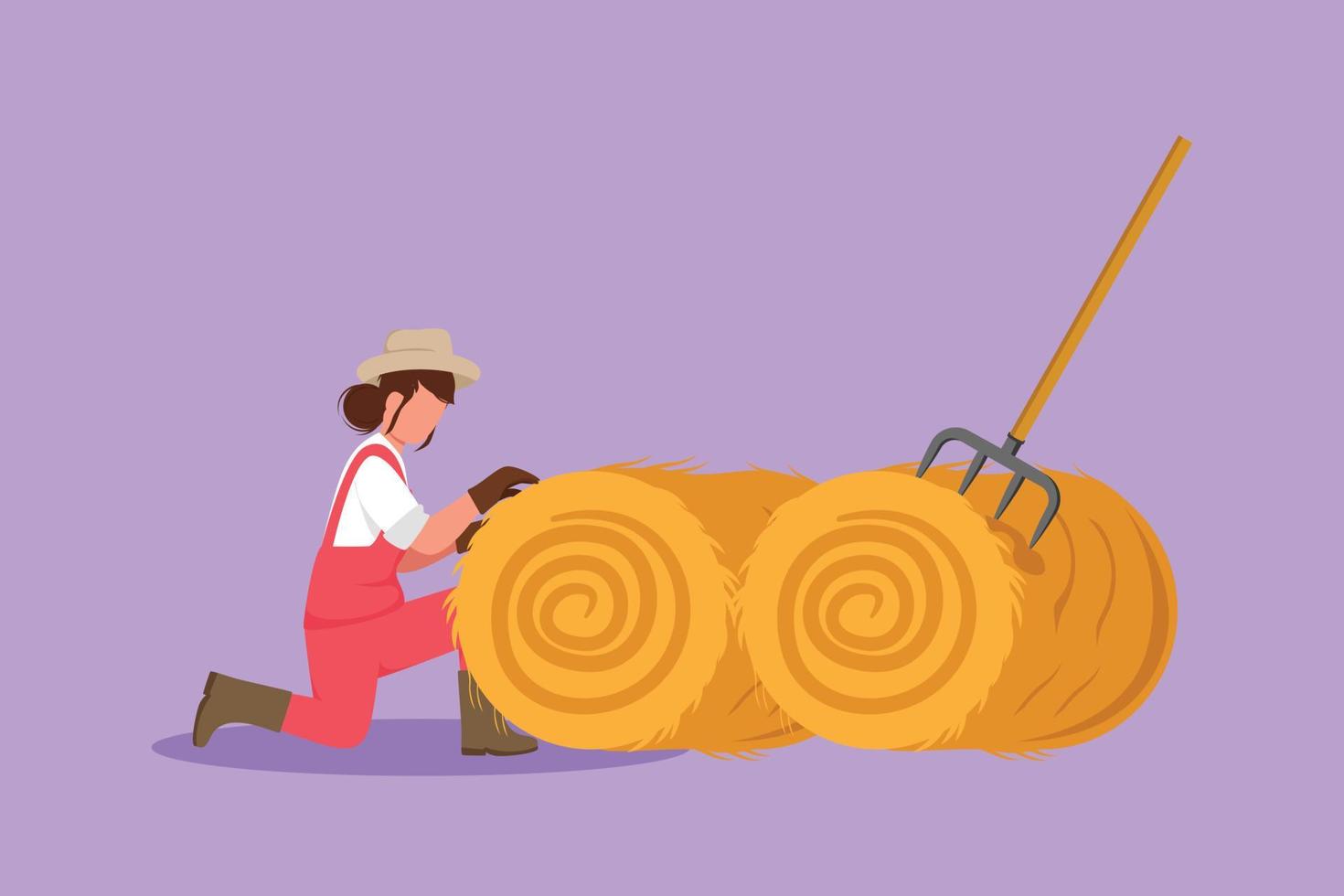 el dibujo plano del personaje de una joven agricultora estaba apuñalando un pajar y enrollándolo con un palo de paja. actividades de los trabajadores del ganado. concepto de cultivo exitoso. ilustración vectorial de diseño de dibujos animados vector