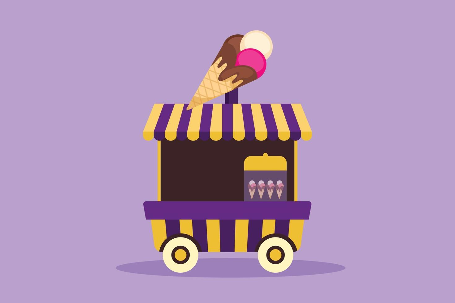 cabina de helado de dibujo de estilo plano de dibujos animados en el parque de diversiones usando un carro de dos ruedas con un logo de helado. comida dulce y muy sabrosa. pequeña empresa exitosa. ilustración vectorial de diseño gráfico vector