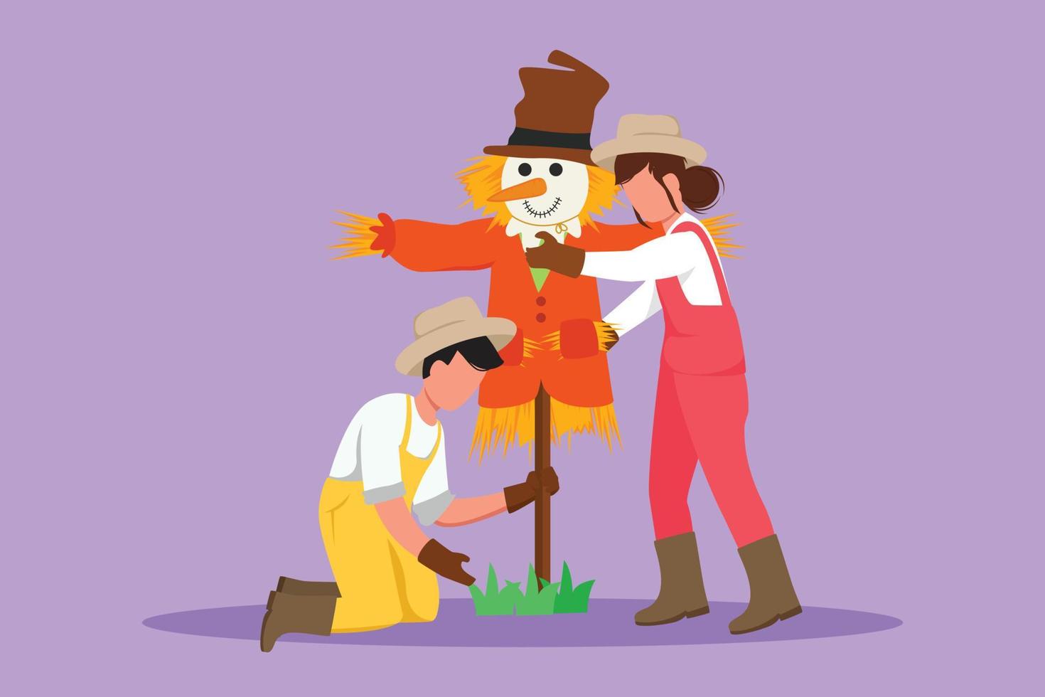 Graphic flat design drawing happy couple farmers installing a scarecrow to ward off pest birds. Countryside rice fields. Successful agriculture and farming concept. Cartoon style vector illustration