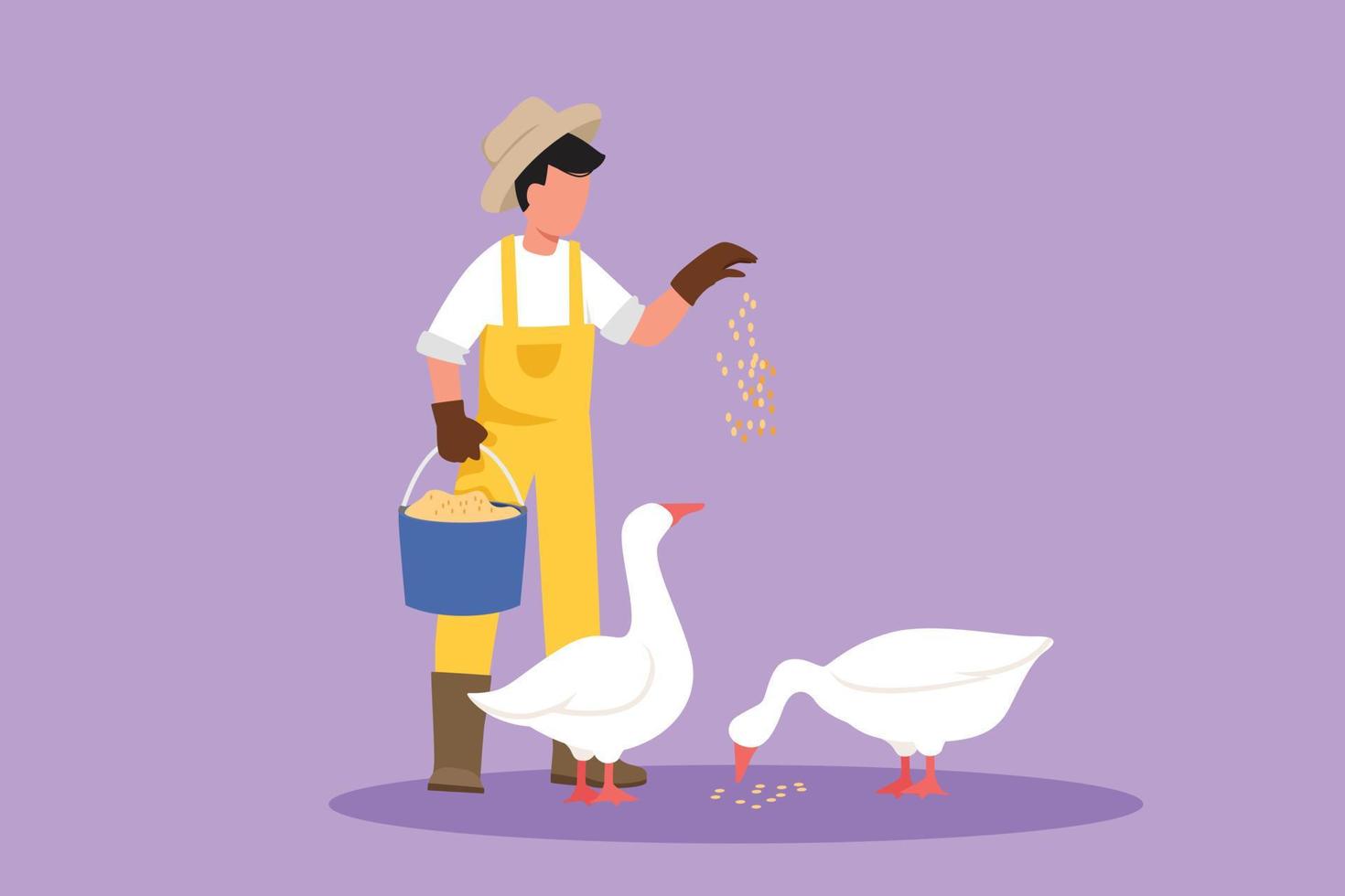 Graphic flat design drawing of male farmer feeding geese or ducks to be healthy, produce best eggs and meat. Countryside farming. Rural agricultural worker, poultry. Cartoon style vector illustration