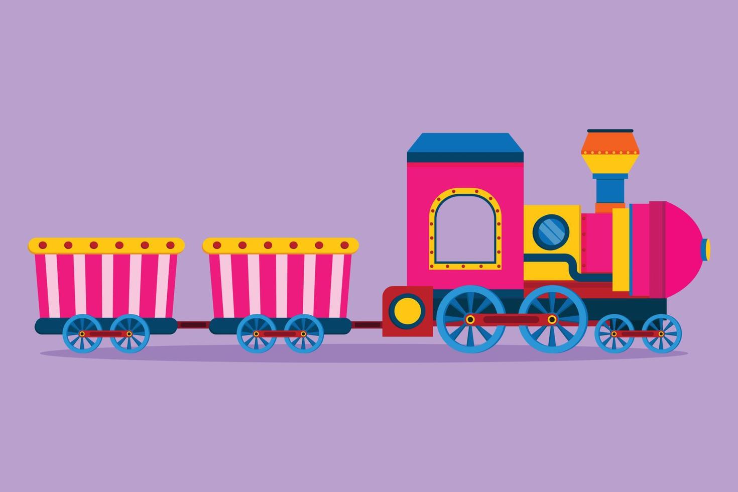 Graphic flat design drawing train locomotive with two carriages in form of a roving steam system in amusement park to transport passengers. Happy childhood memories. Cartoon style vector illustration