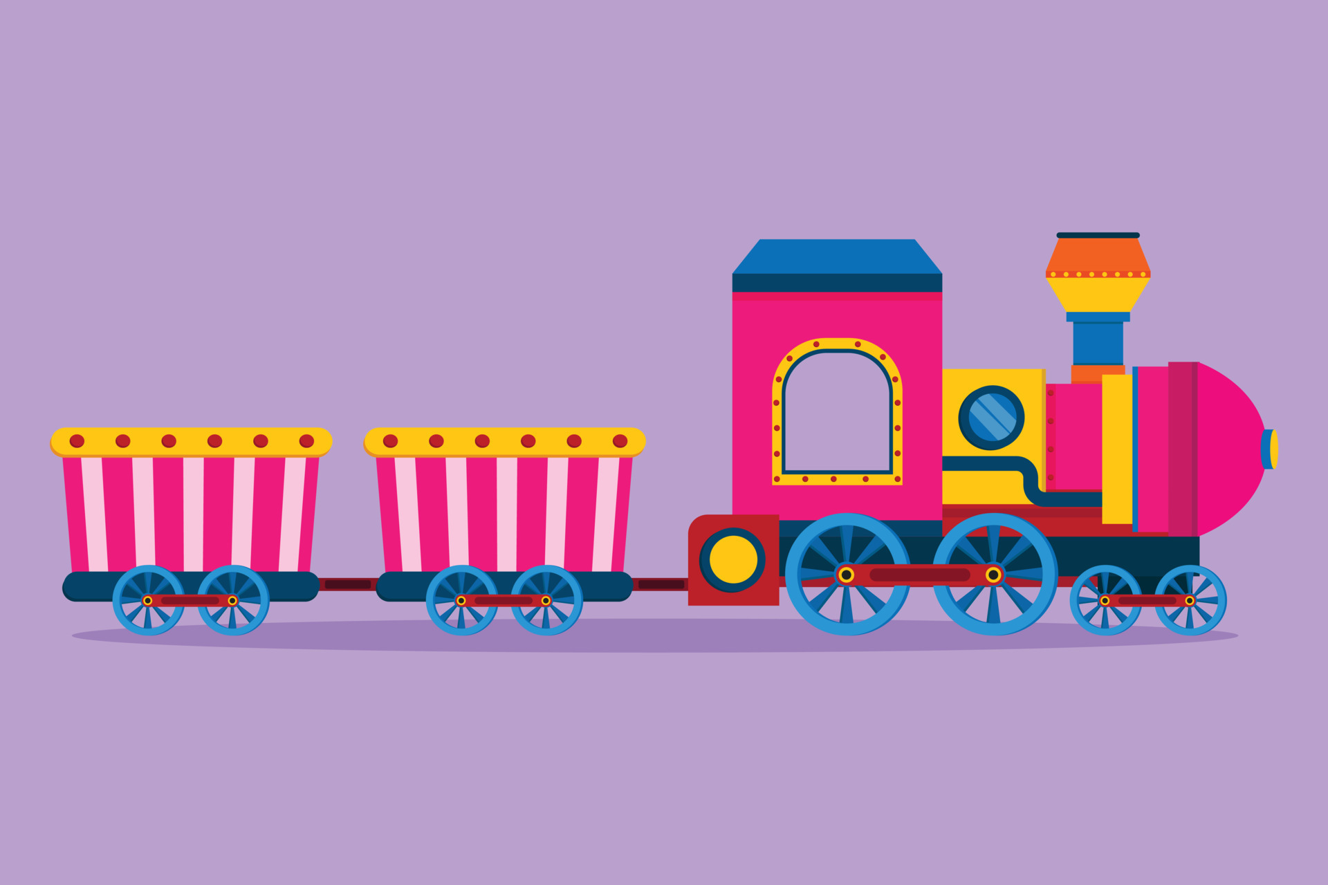 Locomotora de tren de dibujo de diseño plano gráfico con dos vagones en forma de sistema de vapor itinerante en el parque de atracciones para transportar pasajeros. recuerdos felices de la infancia. Locomotora de tren de dibujo de diseño plano gráfico con dos vagones en forma de sistema de vapor itinerante en el parque de atracciones para transportar pasajeros. recuerdos felices de la infancia.