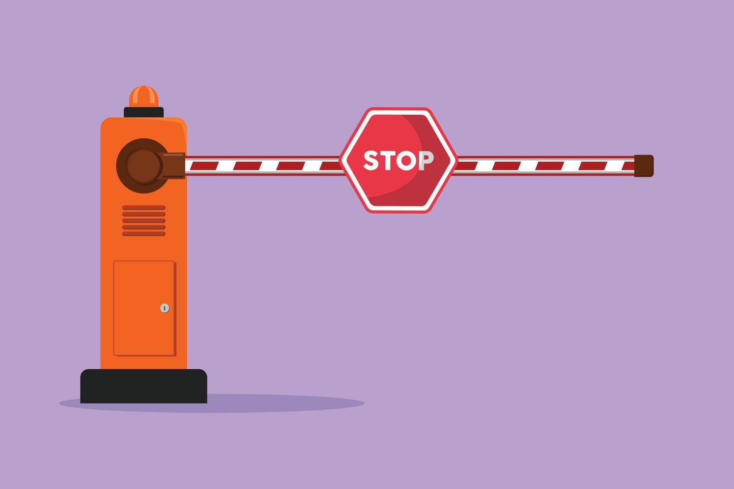 Graphic flat design drawing automatic barrier gates with warning stop boards guard the entrance to the largest supermarket car park in the city. Urban life concept. Cartoon style vector illustration