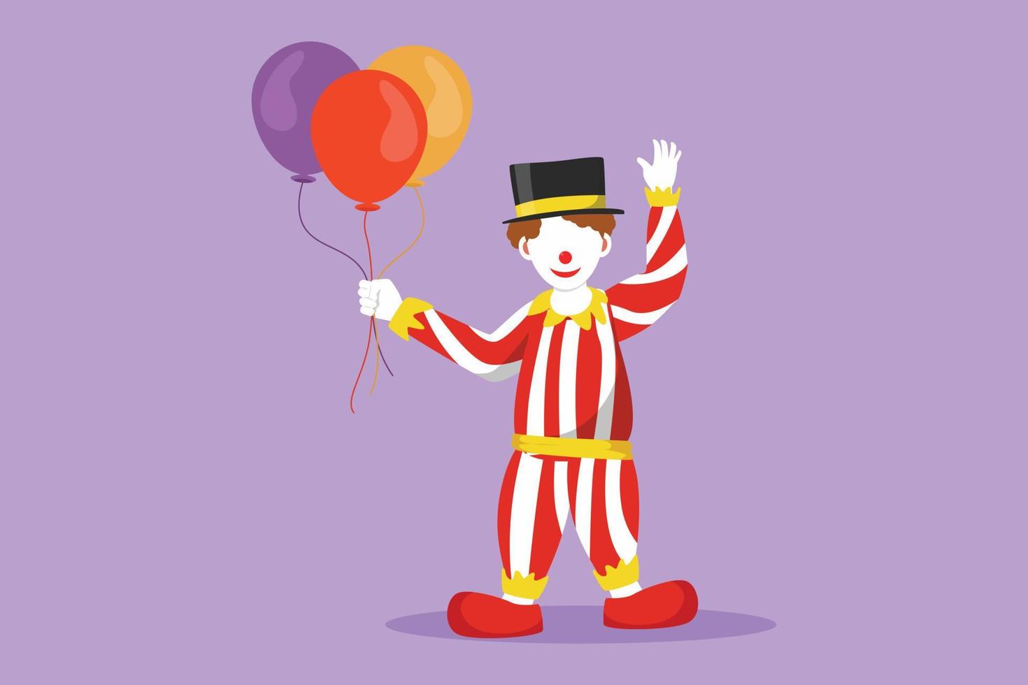 Character flat drawing cute male clown stands while holding several balloons in his right hand. Children really like the show. Success circus business entertainment. Cartoon design vector illustration