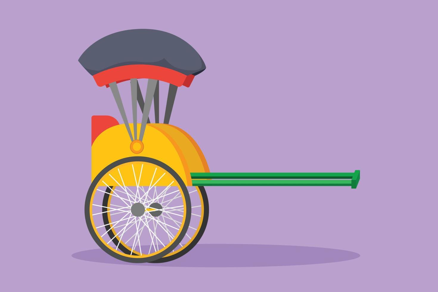 Graphic flat design drawing side view of pulled rickshaw. Ancient vehicle in China and Japan with two wheels and pulled by humans. Traditional transportation concept. Cartoon style vector illustration