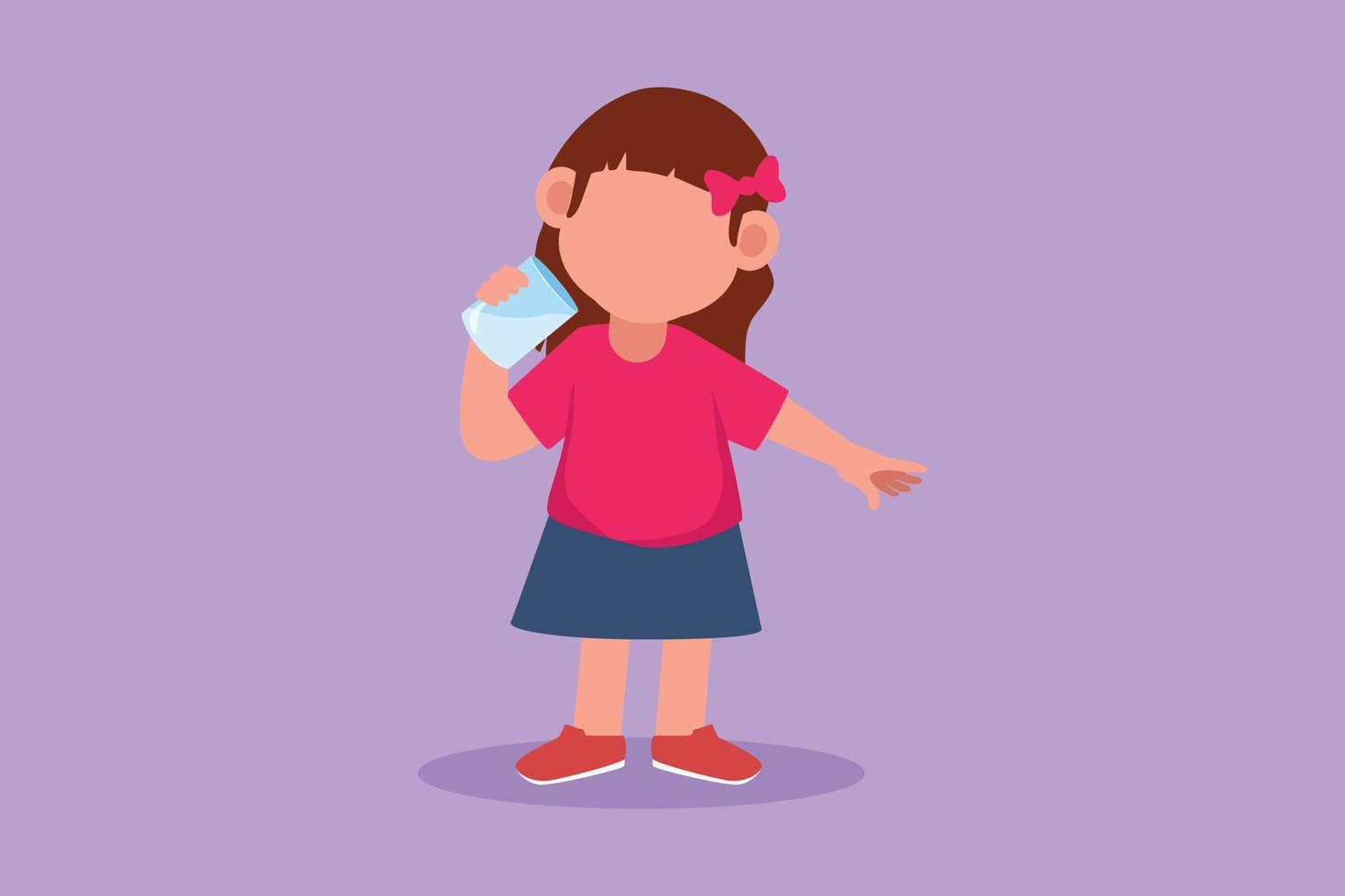 Cartoon flat style drawing beauty little girl standing while holding and enjoying glass of fresh milk to fulfill her body nutrition. Child health and growth concept. Graphic design vector illustration