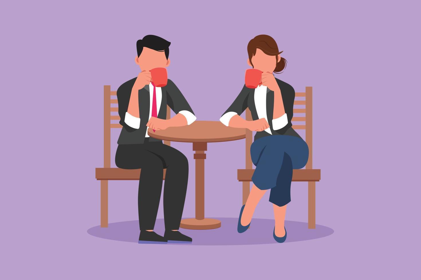 Graphic flat design drawing loving couple is drinking coffee in a cafe. A man and a woman are sitting at a table in cozy restaurant. Breakfast morning daily concept. Cartoon style vector illustration
