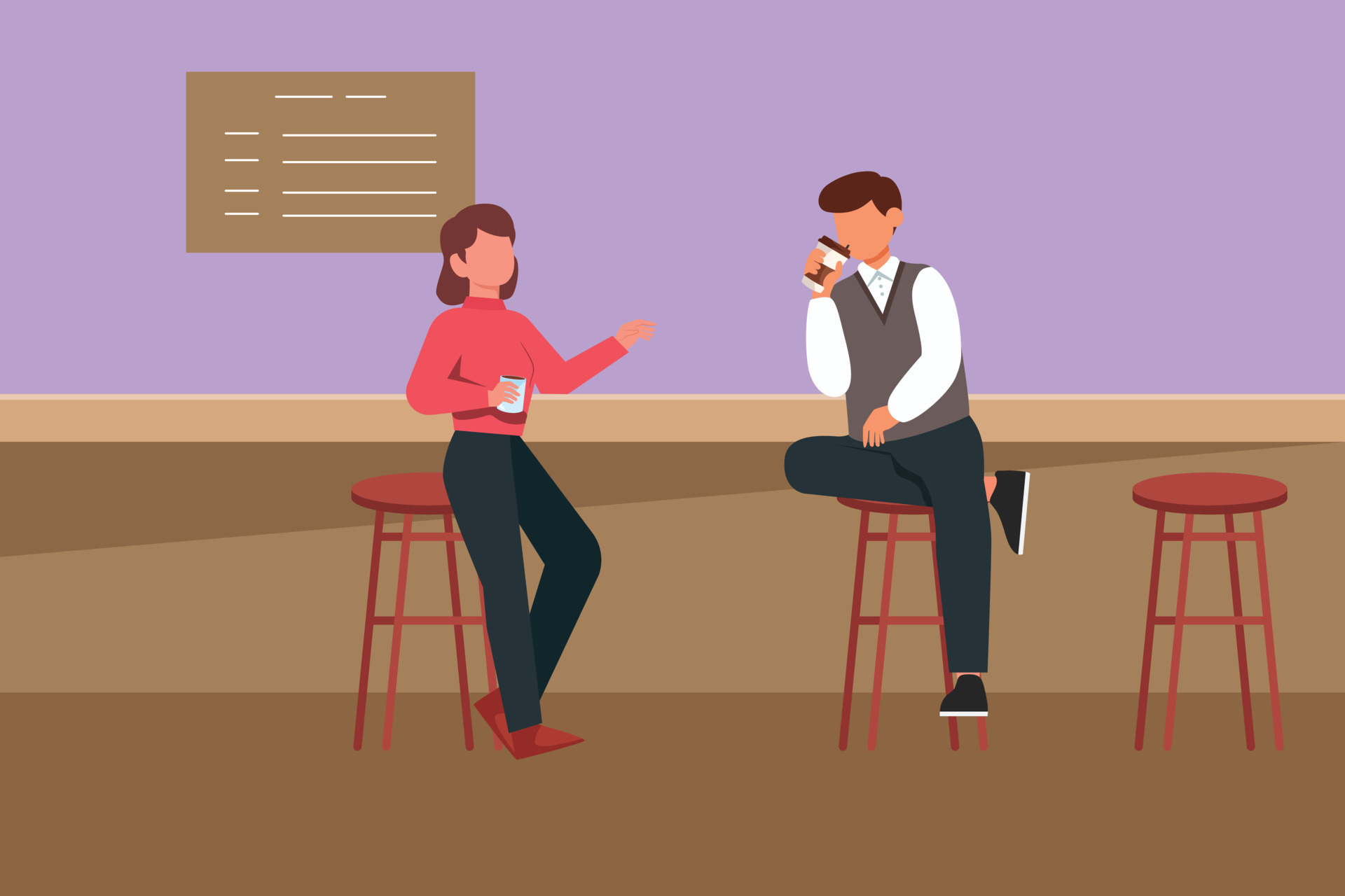 dibujo de estilo plano de dibujos animados pareja amorosa está tomando café en la cafetería. el hombre y la mujer están sentados y hablando en la mesa en un acogedor restaurante. desayuno dibujo de estilo plano de dibujos animados pareja amorosa está tomando café en la cafetería. el hombre y la mujer están sentados y hablando en la mesa en un acogedor restaurante. desayuno