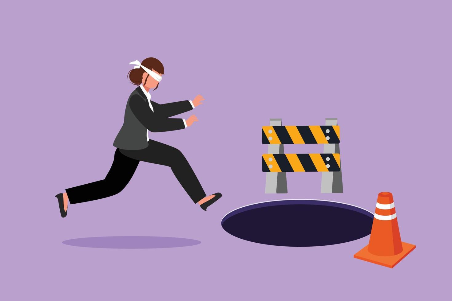 Character flat drawing blindfolded young businesswoman running to find money with pit hole. Female manager runs to business trap. Blind investment metaphor concept. Cartoon design vector illustration