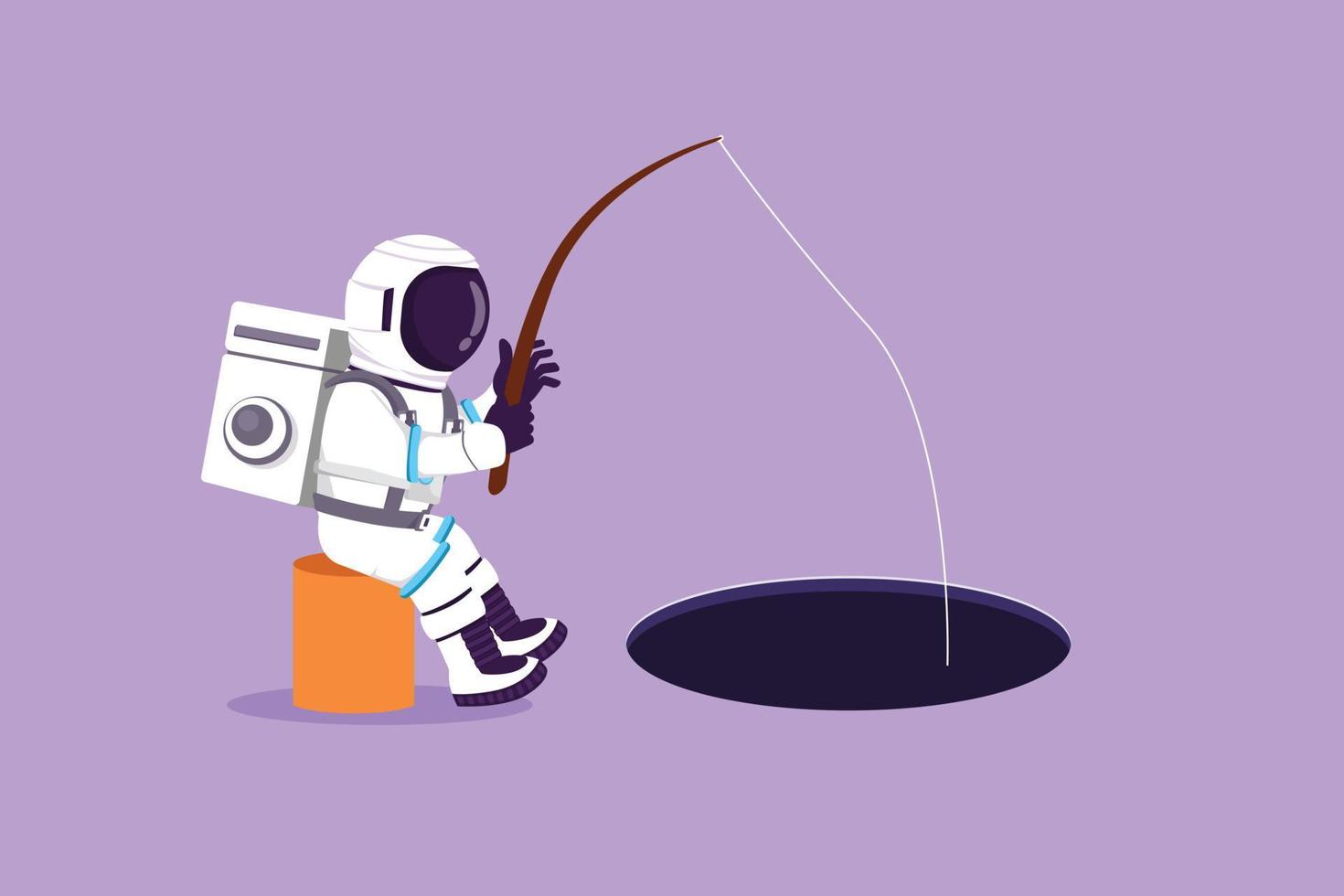 Character flat drawing of young astronaut sitting and holding fishing rod from hole in moon surface. Scientific spaceship investment metaphor. Cosmonaut outer space. Cartoon design vector illustration
