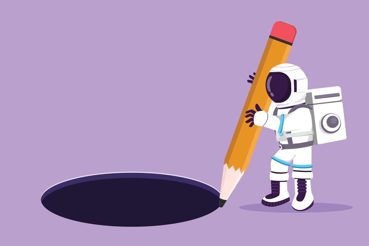 dibujo de estilo plano de dibujos animados joven astronauta haciendo  círculo de agujero con lápiz grande