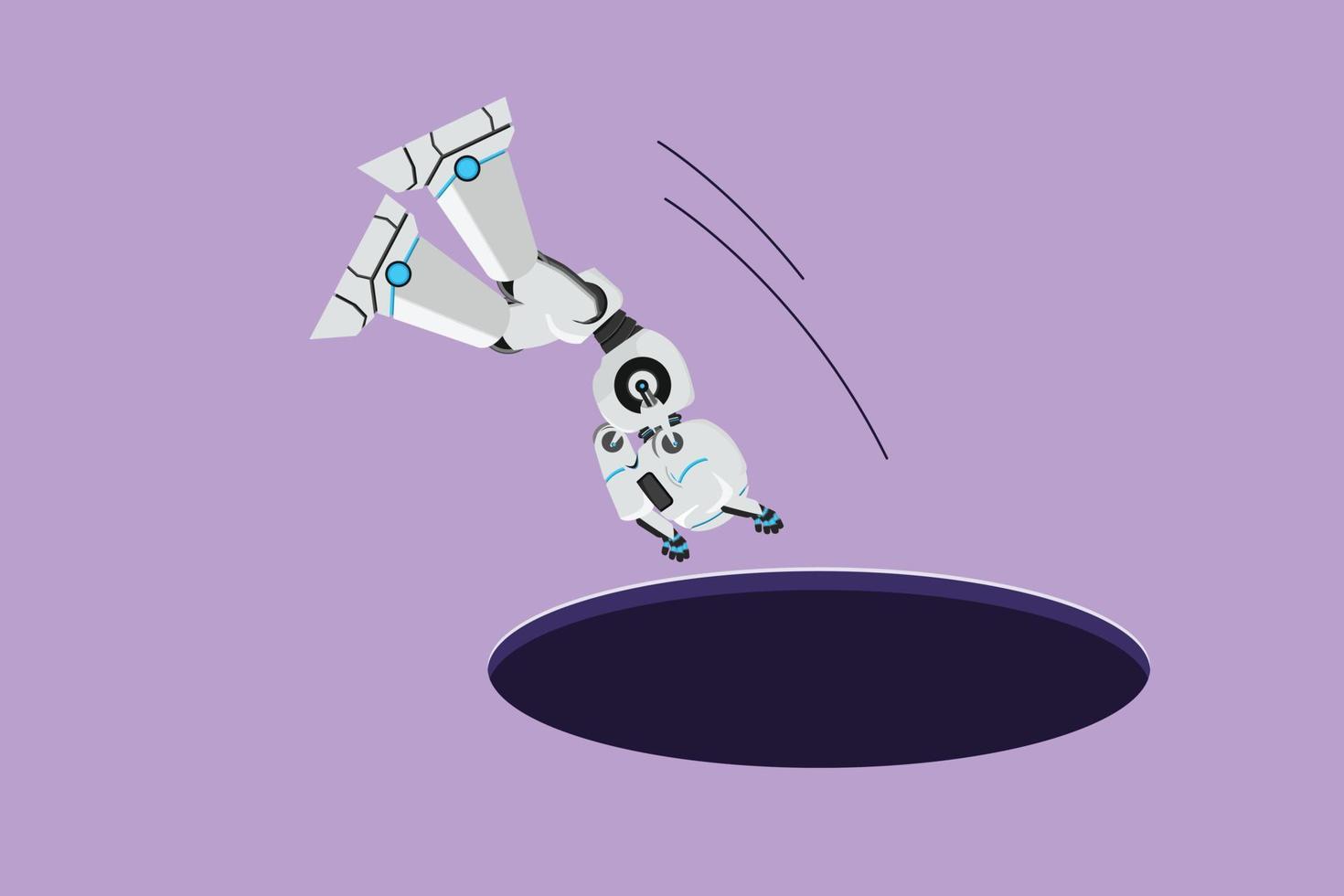 Graphic flat design drawing robot jump into hole. Depressed with tech business failure. Future technology development. Artificial intelligence and machine learning. Cartoon style vector illustration