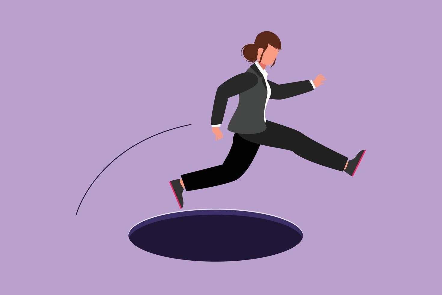 Graphic flat design drawing young businesswoman jumping through hole, metaphor to facing big problem. Business struggles in market competition. Strength for success. Cartoon style vector illustration