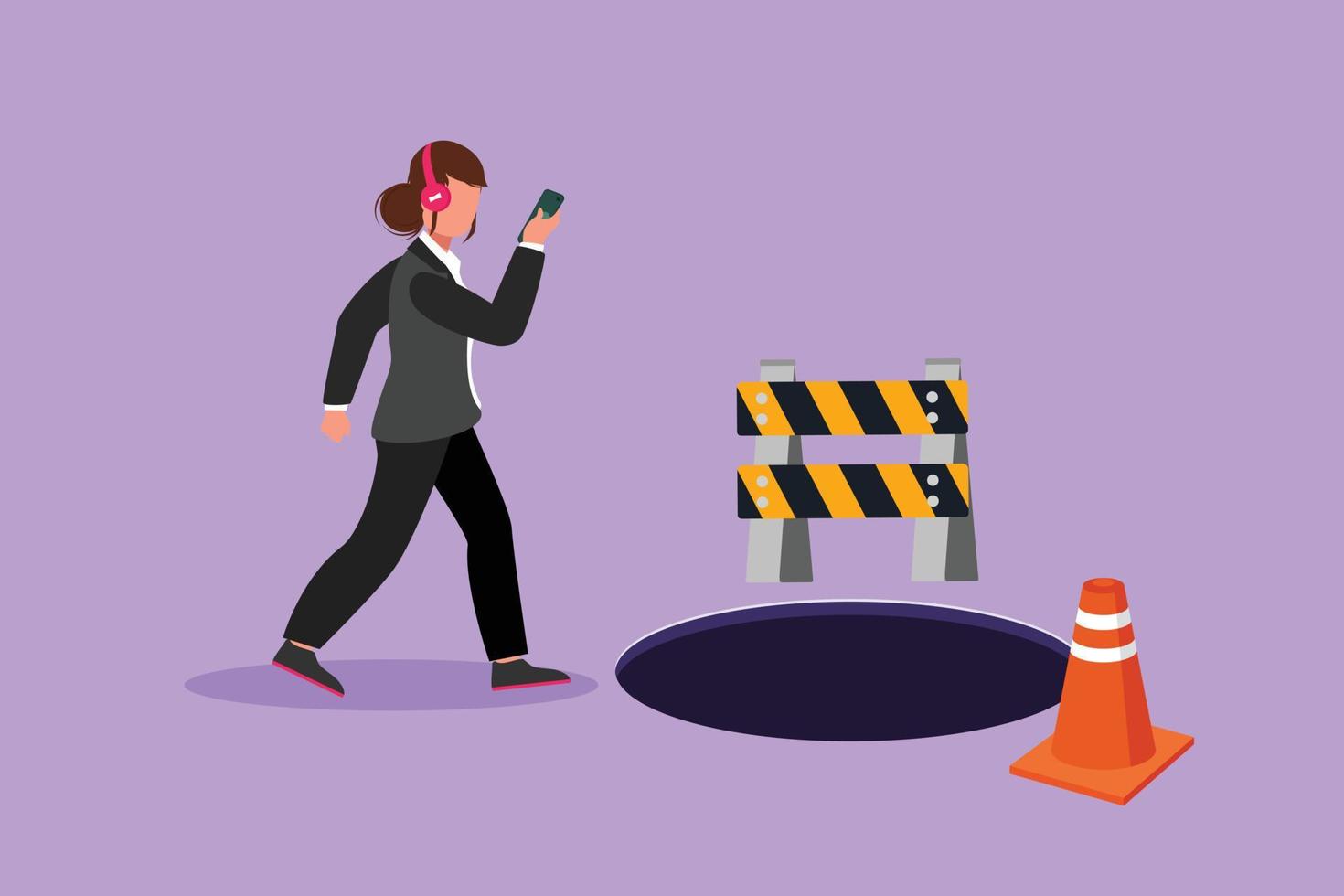 Graphic flat design drawing businesswoman listen music with headphone, walking on street, watching smartphone, did not see open manhole. Woman walks to business trap. Cartoon style vector illustration