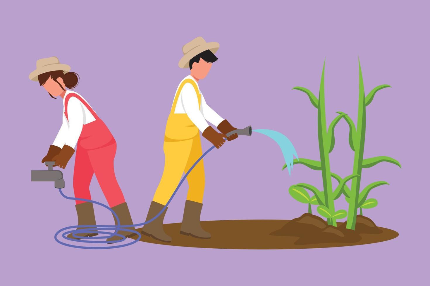 Character flat drawing couple farmers watering plants using hose and planting new plants. Farmer planting activities. Gardener or worker in jumpsuit with hosepipe. Cartoon design vector illustration