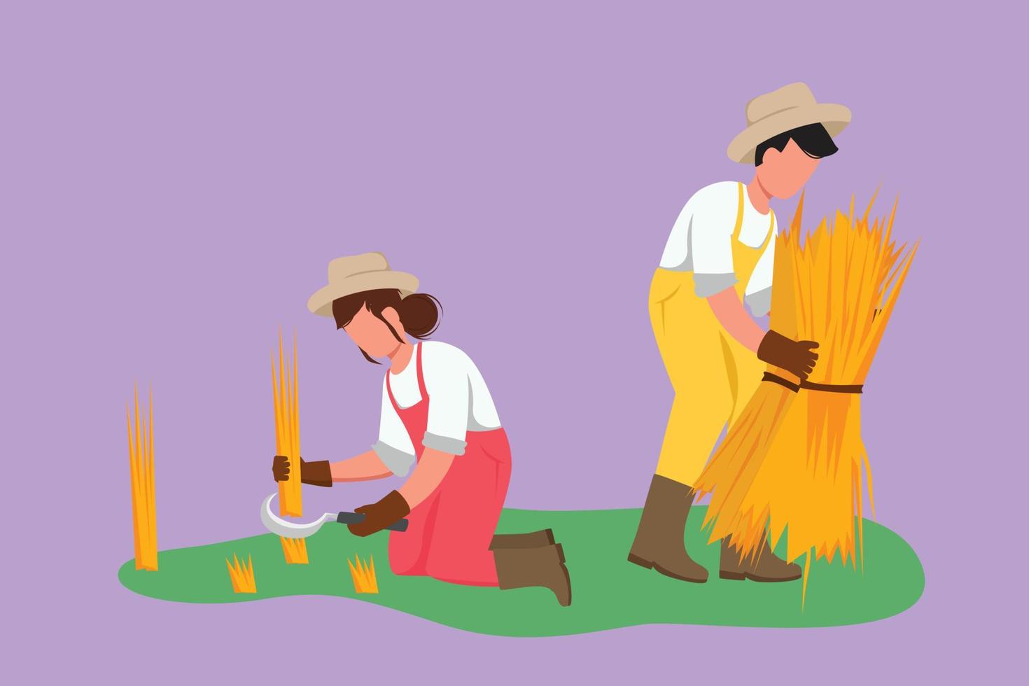 Cartoon flat style drawing happy couple farmers harvesting rice and there is also rice that has been tied up. Harvest season in rural rice fields. Success farming. Graphic design vector illustration